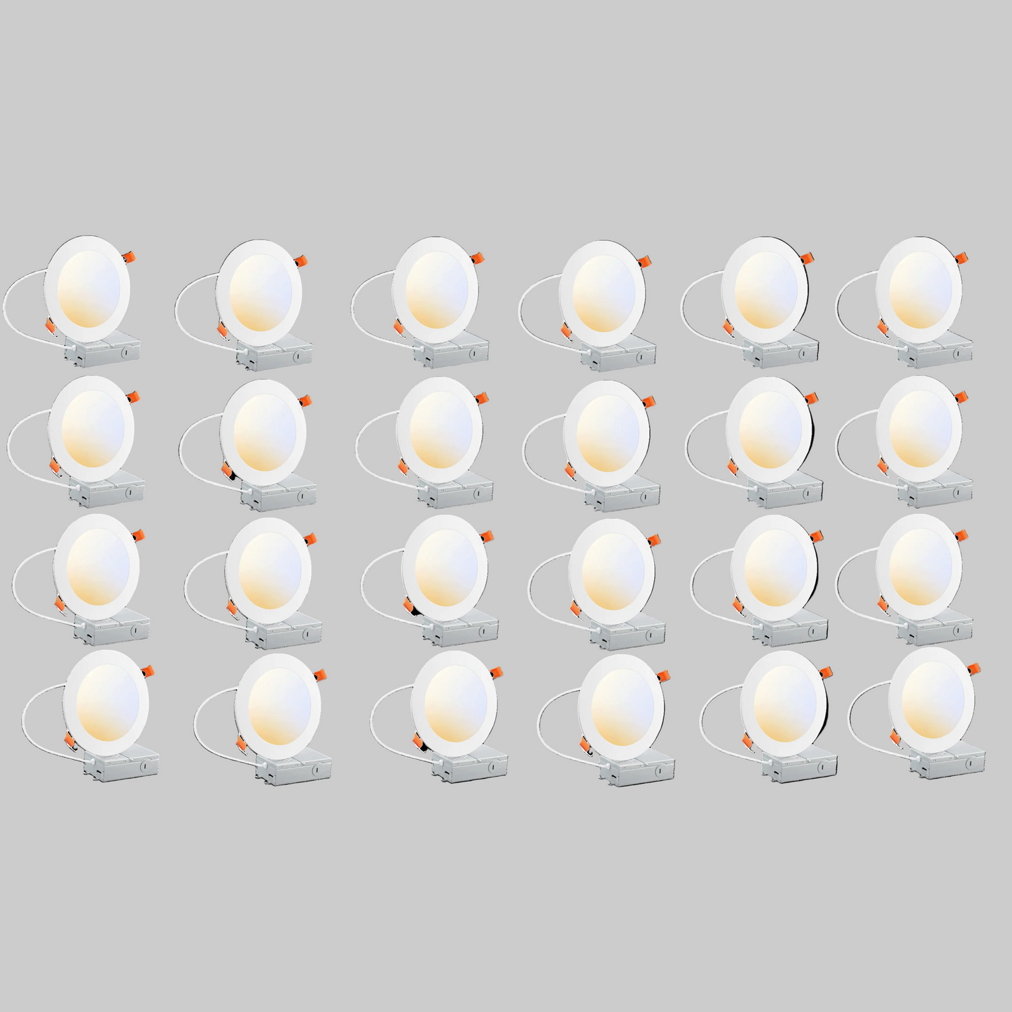24-pack of 6-inch round LED canless recessed ultra slim downlights with selectable 2700K / 3000K / 3500K / 4000K / 5000K color temperatures, Triac dimming, ETL and Energy Star certification, low-profile IC-rated design for residential and commercial ceiling lighting applications.