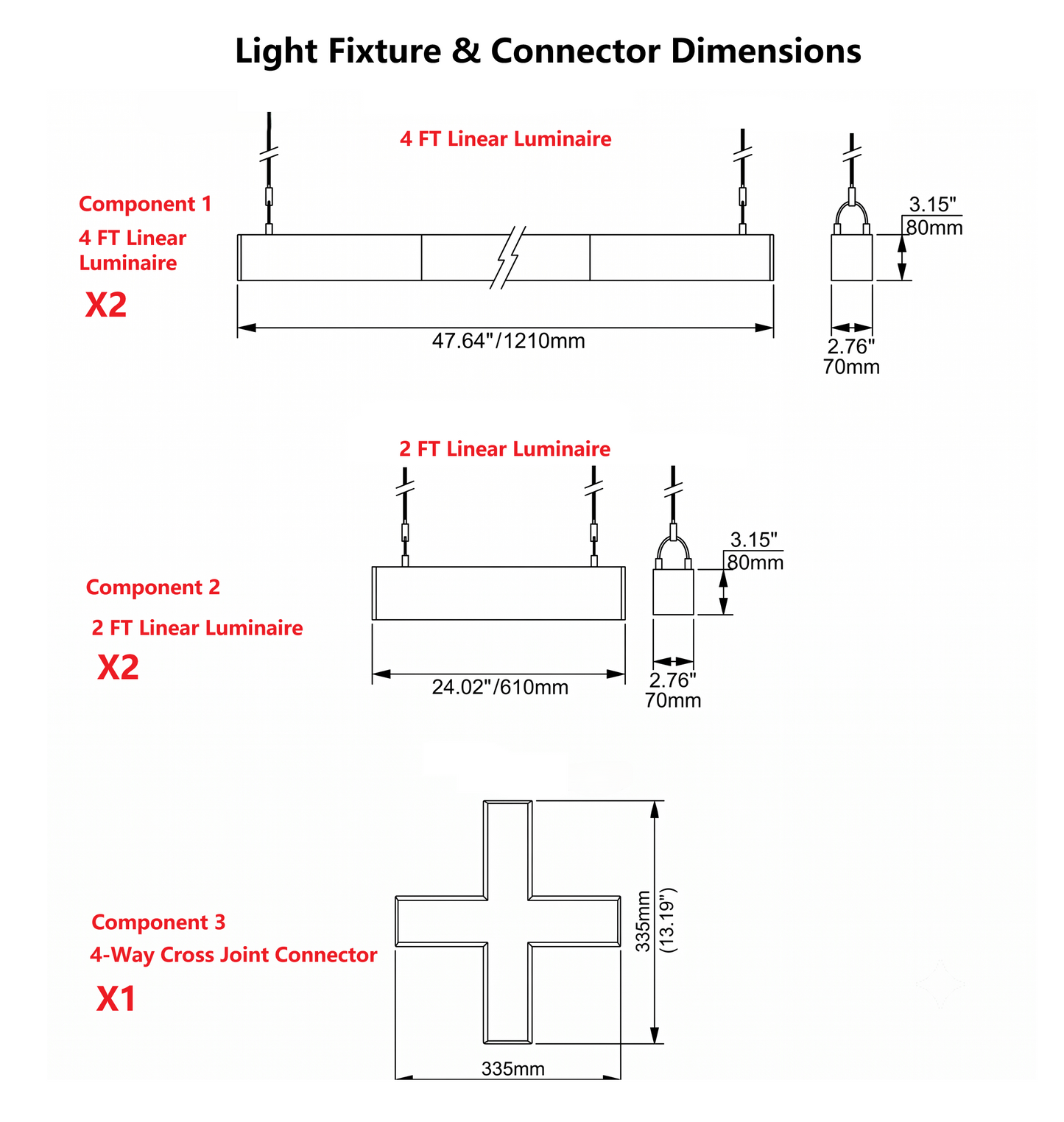 Cross-shaped LED linear pendant light components, connector, cable and dimensions