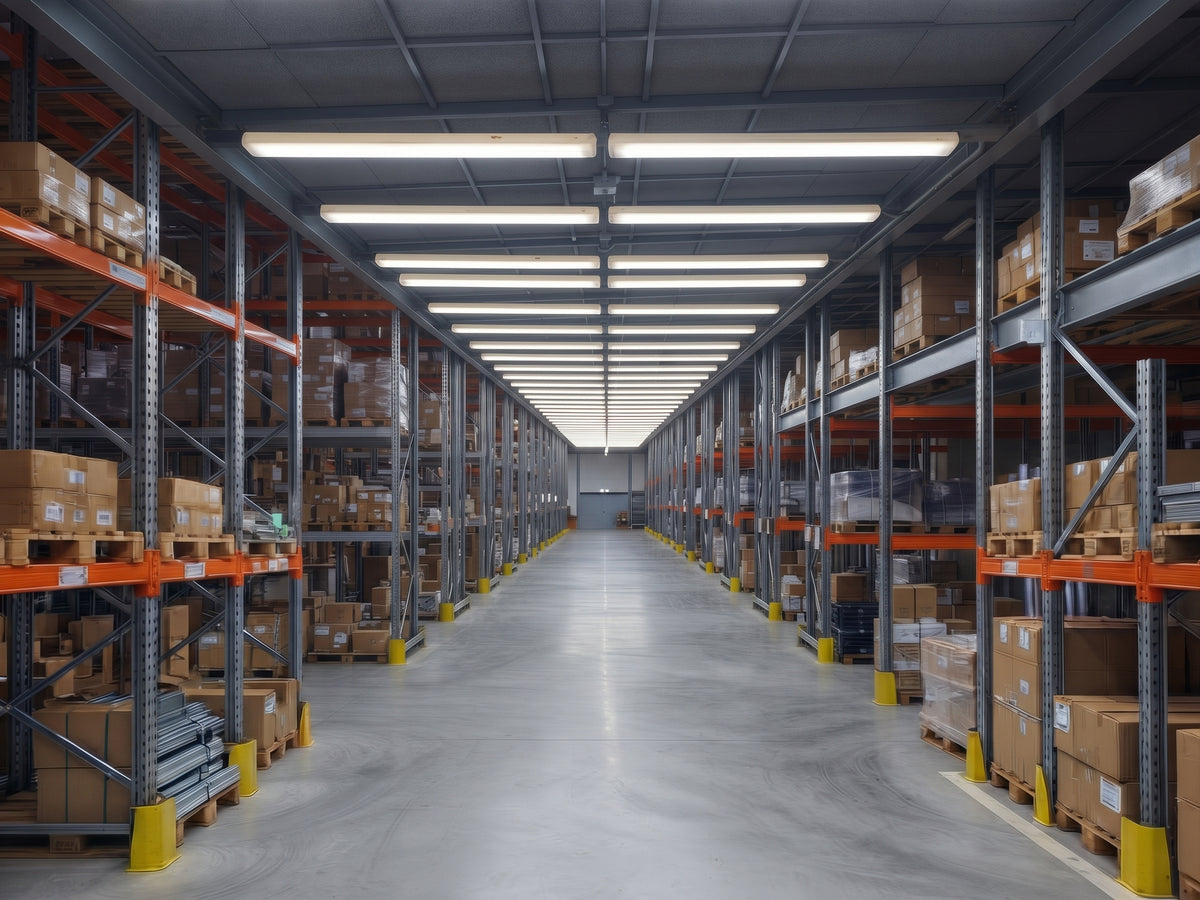 LED wraparound lights installed in a warehouse to illuminate work and storage areas.