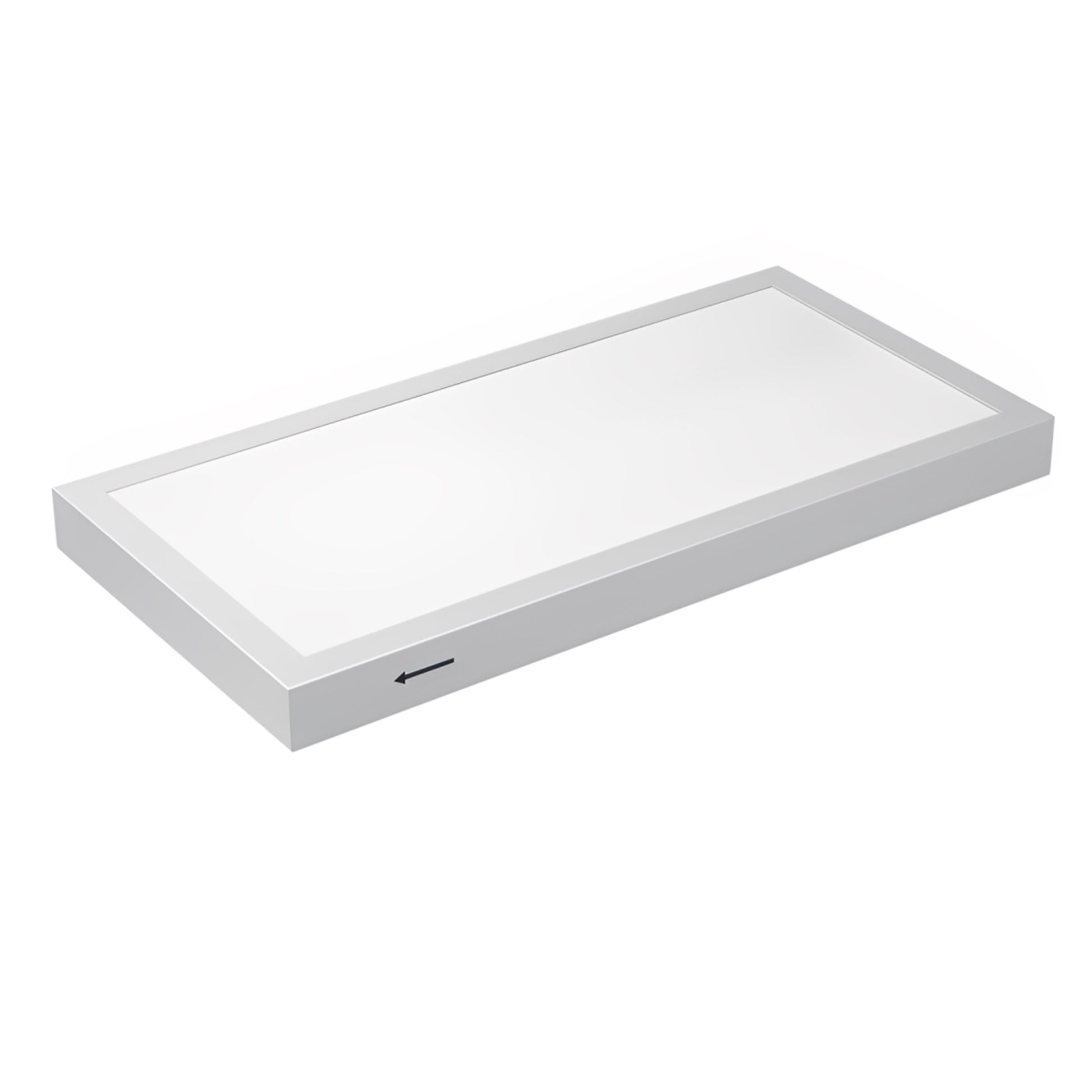 Front view of 1x2 LED surface mount backlit panel light with slim modern design, selectable CCT, and uniform glare-free ceiling illumination