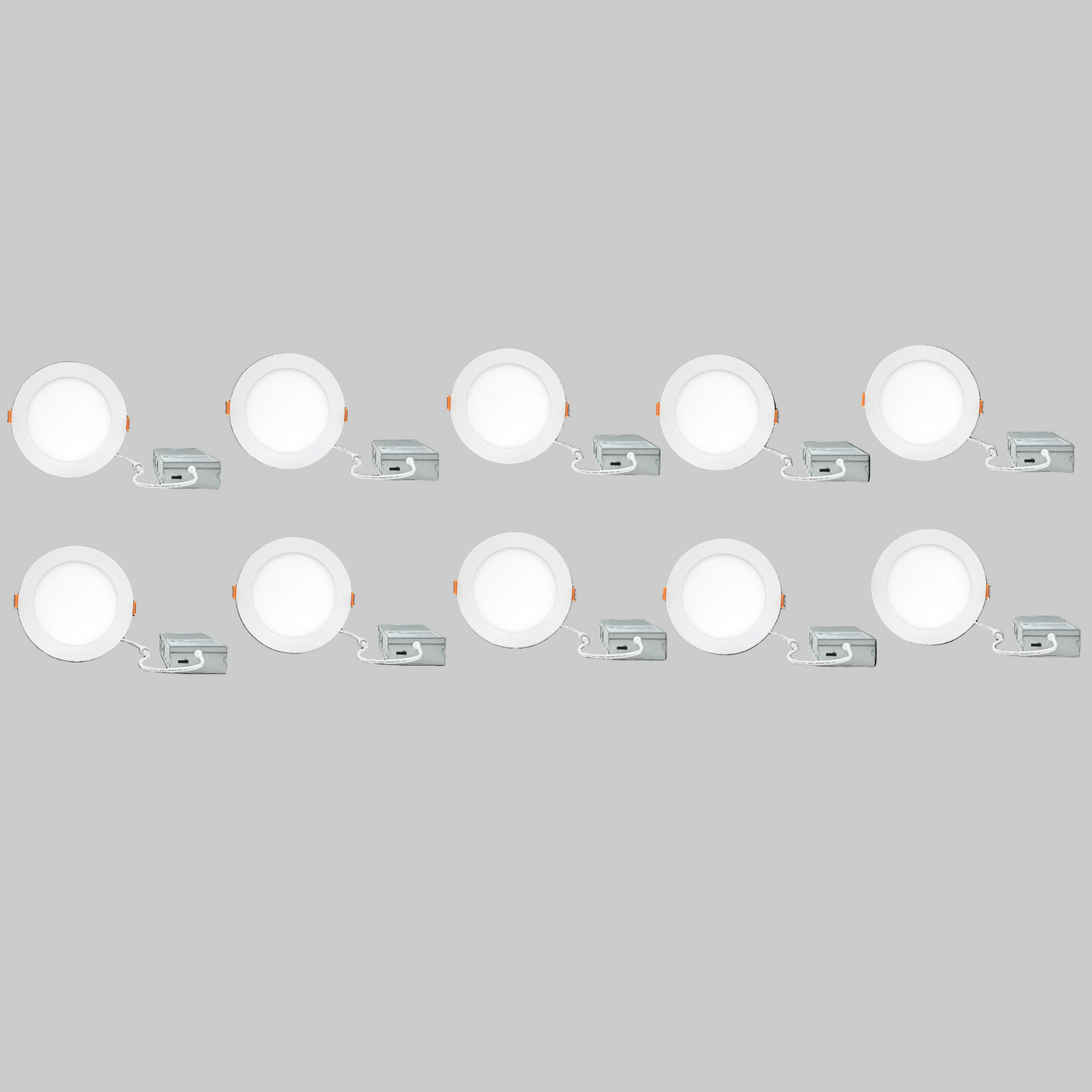 10-pack of 4-inch round LED canless recessed ultra slim downlights with selectable 2700K / 3000K / 3500K / 4000K / 5000K color temperatures, Triac dimming, ETL and Energy Star certification, low-profile IC-rated design for residential and commercial ceiling lighting applications.