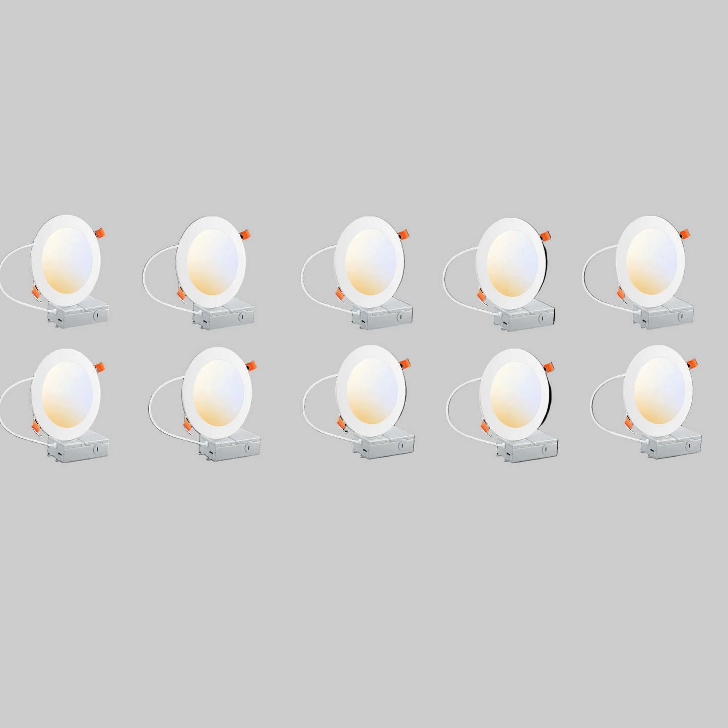 10-pack of 6-inch round LED canless recessed ultra slim downlights with selectable 2700K / 3000K / 3500K / 4000K / 5000K color temperatures, Triac dimming, ETL and Energy Star certification, low-profile IC-rated design for residential and commercial ceiling lighting applications.