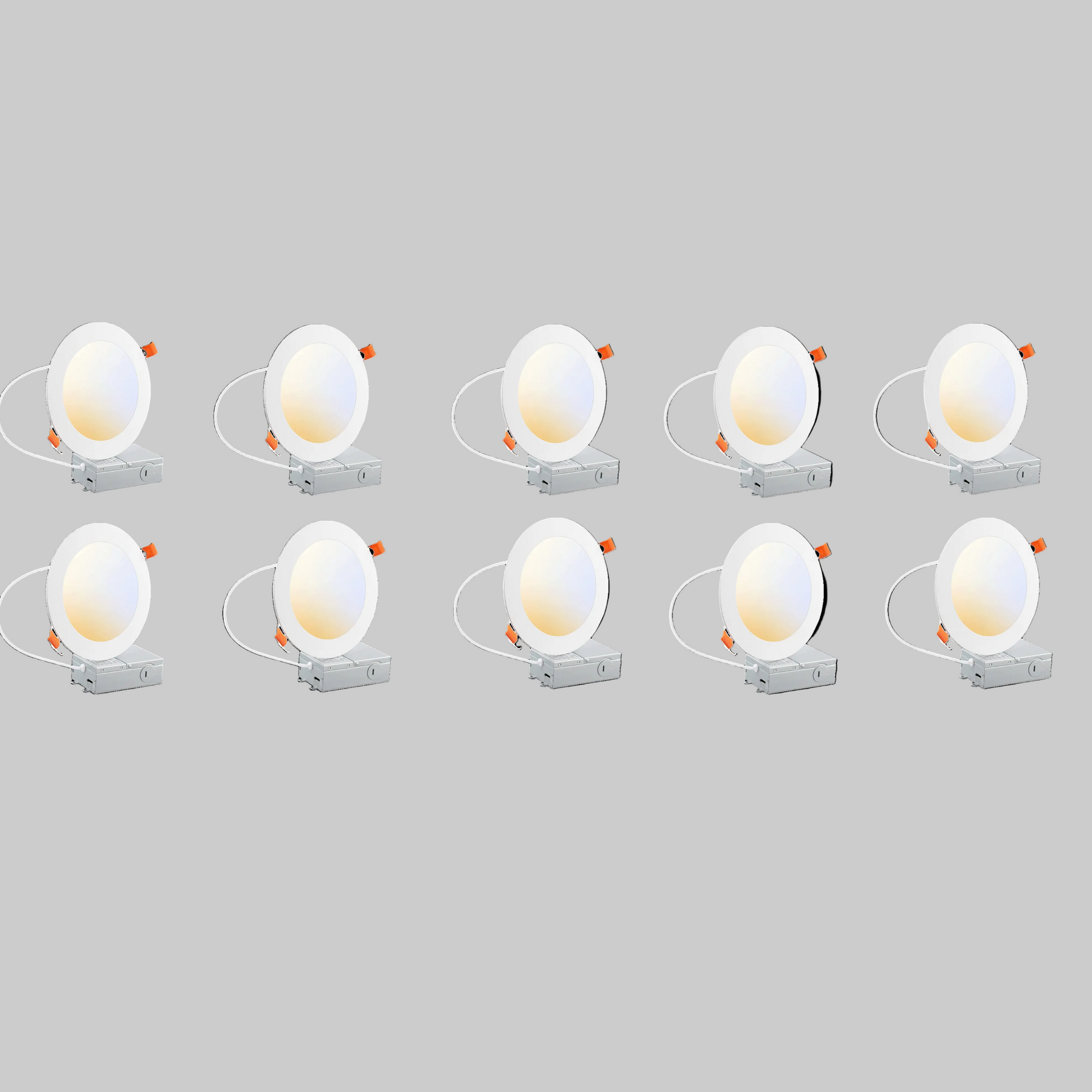 10-pack of 6-inch round LED canless recessed ultra slim downlights with selectable 2700K / 3000K / 3500K / 4000K / 5000K color temperatures, Triac dimming, ETL and Energy Star certification, low-profile IC-rated design for residential and commercial ceiling lighting applications.