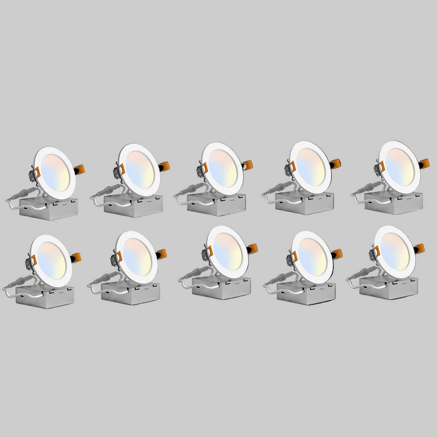 10-pack of 3-inch round LED canless recessed ultra slim downlights with selectable 2700K / 3000K / 3500K / 4000K / 5000K color temperatures, Triac dimming, ETL and Energy Star certification, low-profile IC-rated design for residential and commercial ceiling lighting applications.