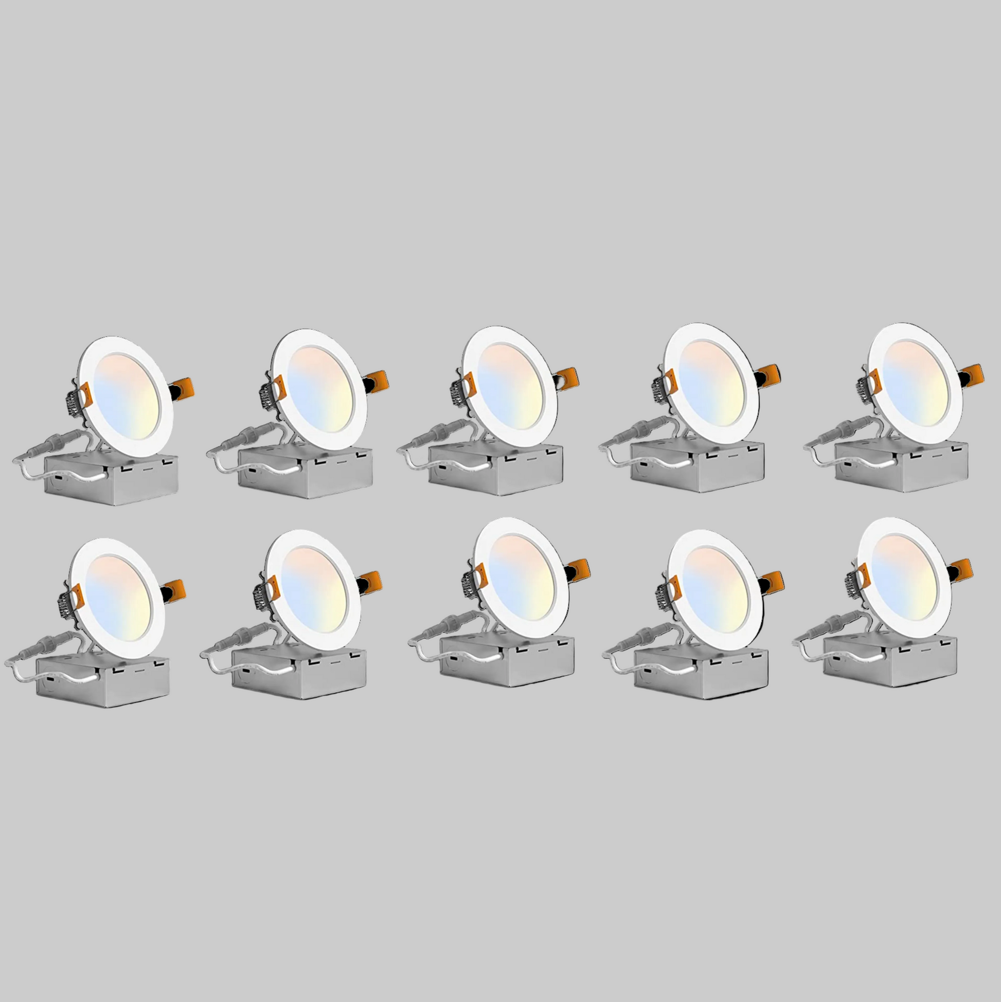 10-pack of 3-inch round LED canless recessed ultra slim downlights with selectable 2700K / 3000K / 3500K / 4000K / 5000K color temperatures, Triac dimming, ETL and Energy Star certification, low-profile IC-rated design for residential and commercial ceiling lighting applications.