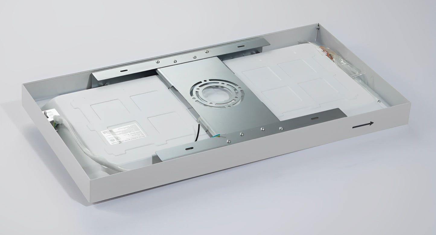 Rear view of 1x2 LED surface mount backlit panel light showing slim housing and integrated driver design for modern ceiling installation