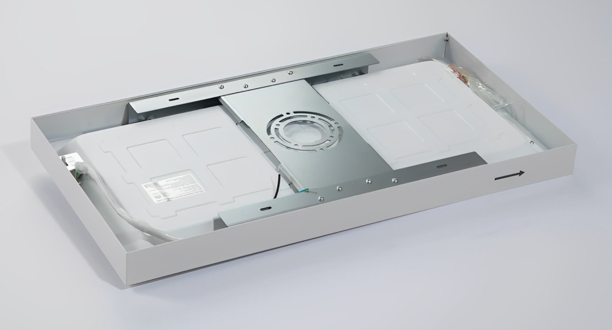 Rear view of 1x2 LED surface mount backlit panel light showing slim housing and integrated driver design for modern ceiling installation