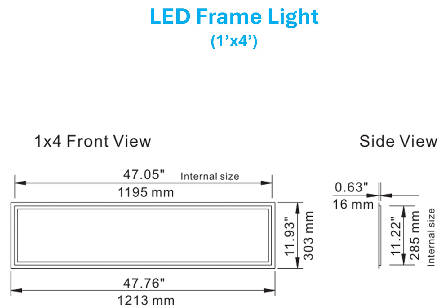 1x4 LED frame light dimensions and size specifications diagram for recessed commercial ceiling panel light installation