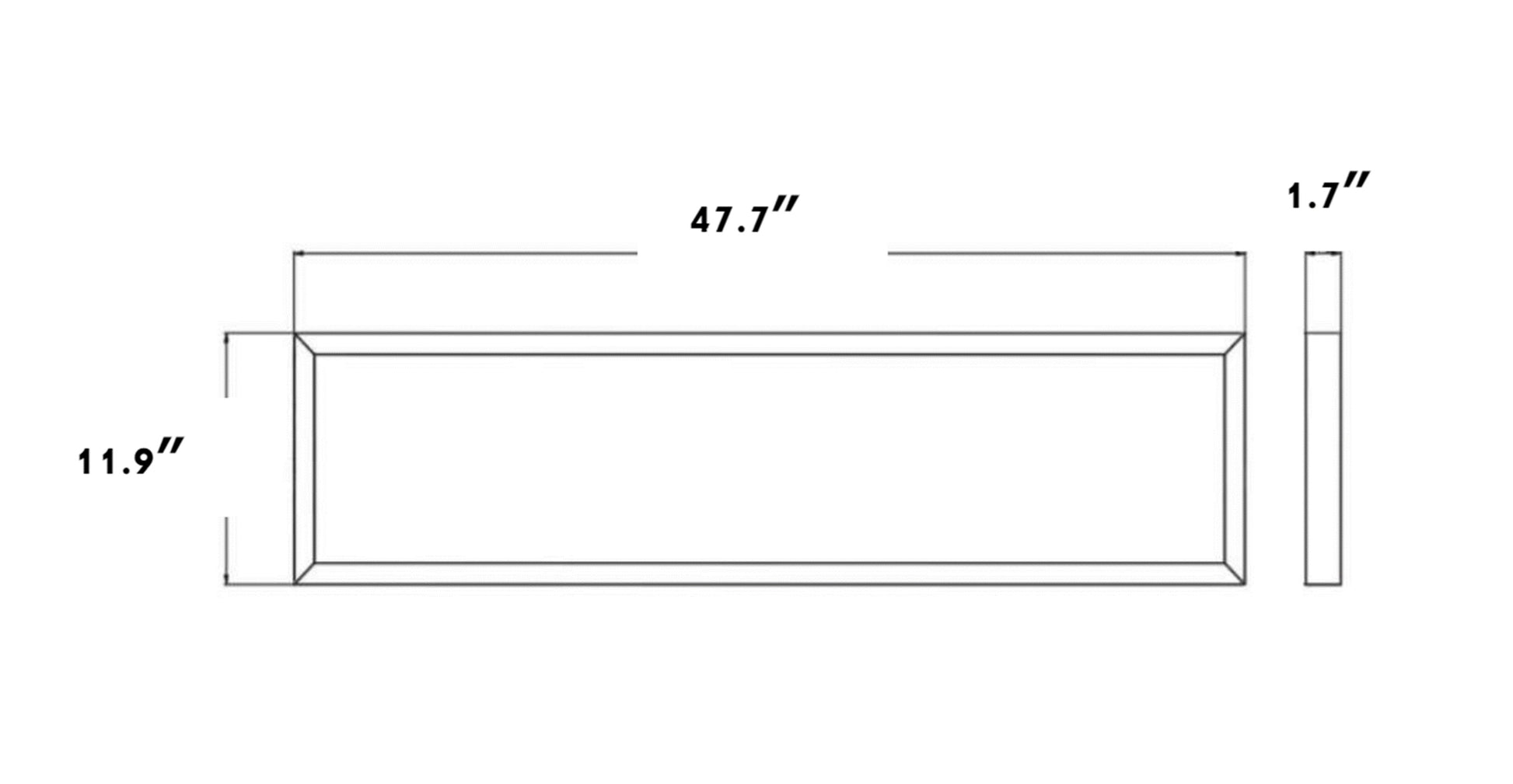 Dimension drawing of 1x4 LED surface mount backlit panel light measuring 11.9 inch by 47.7 inch by 1.7 inch