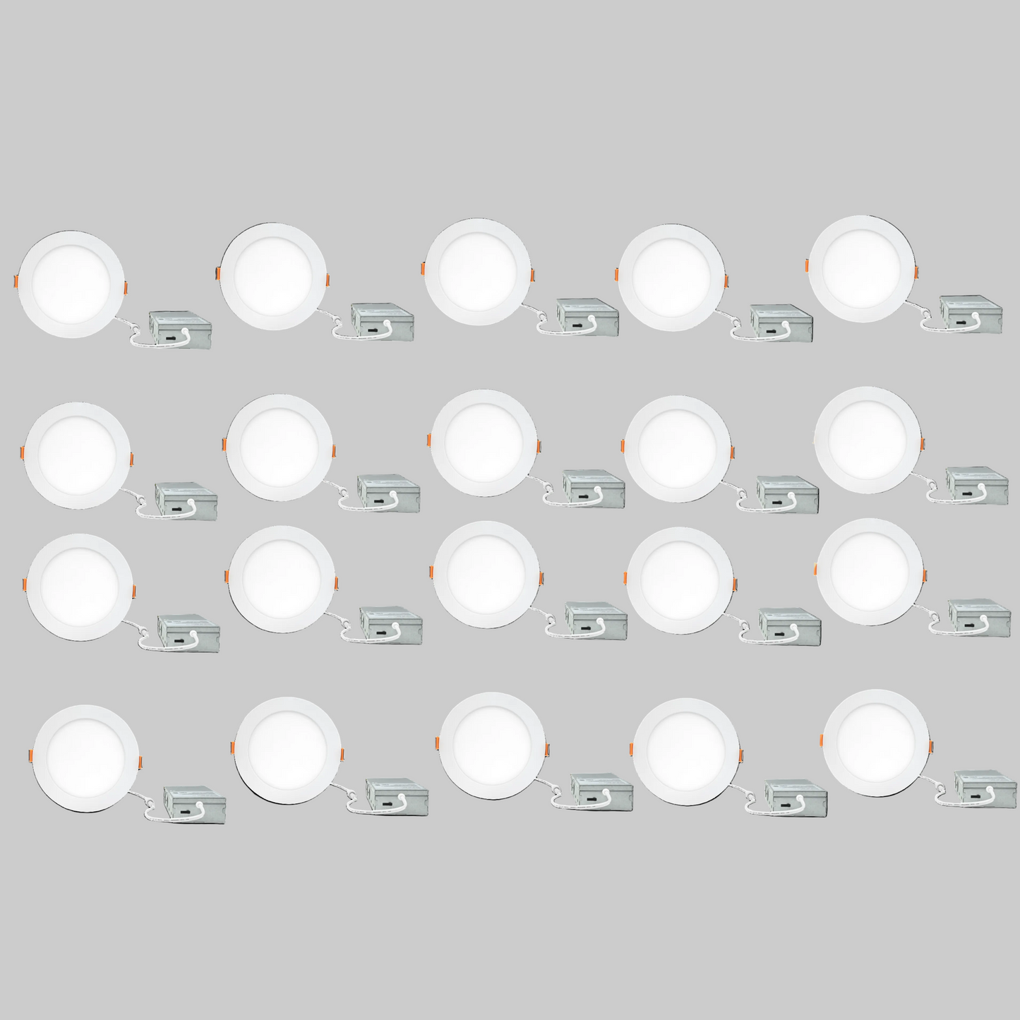 20-pack of 4-inch round LED canless recessed ultra slim downlights with selectable 2700K / 3000K / 3500K / 4000K / 5000K color temperatures, Triac dimming, ETL and Energy Star certification, low-profile IC-rated design for residential and commercial ceiling lighting applications.