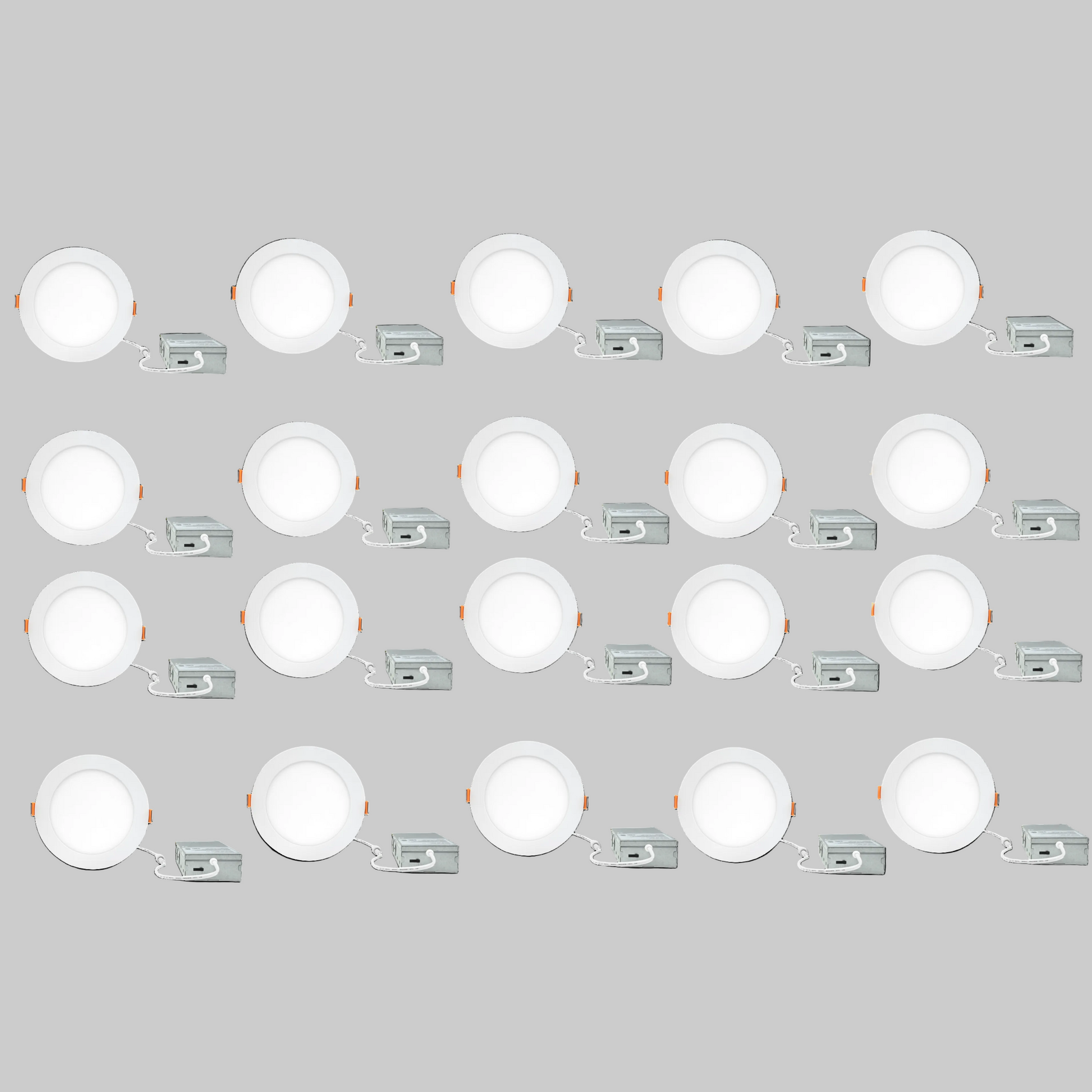 20-pack of 4-inch round LED canless recessed ultra slim downlights with selectable 2700K / 3000K / 3500K / 4000K / 5000K color temperatures, Triac dimming, ETL and Energy Star certification, low-profile IC-rated design for residential and commercial ceiling lighting applications.
