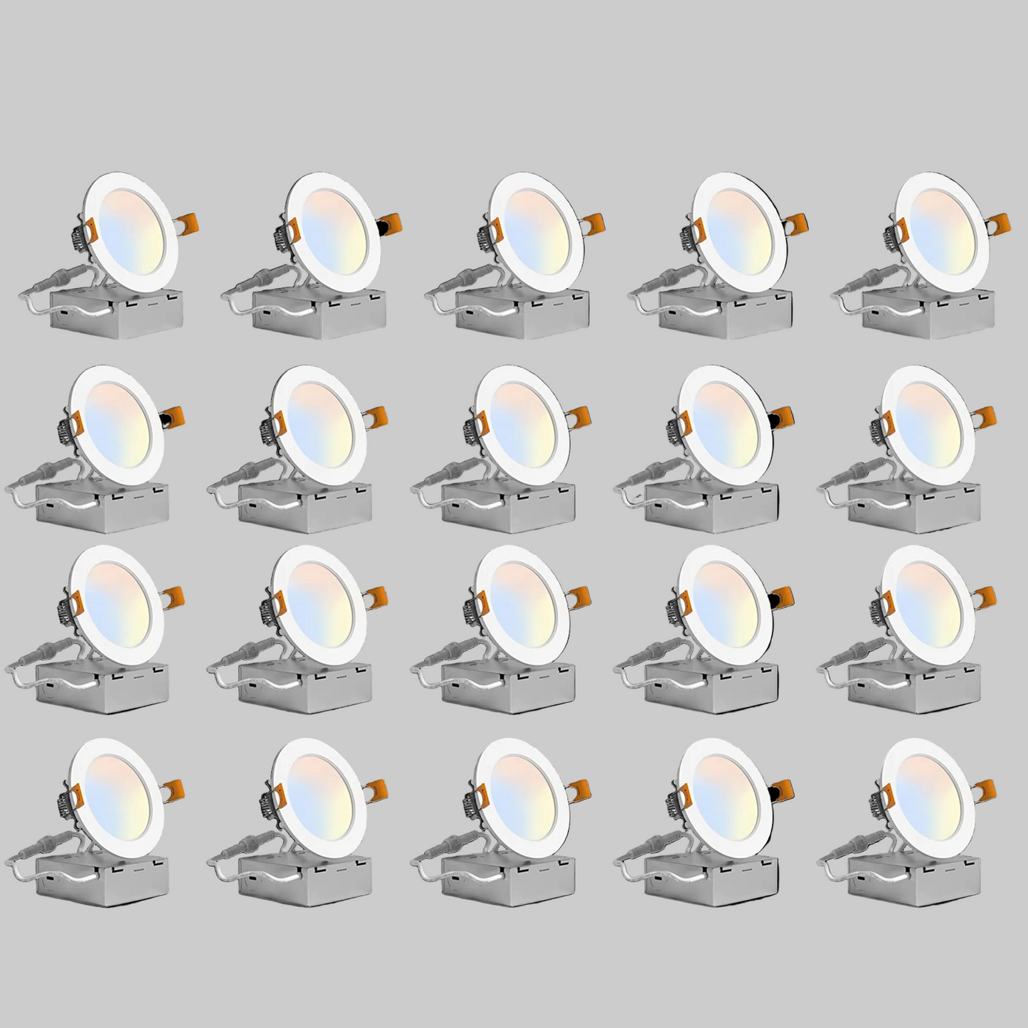 20-pack of 3-inch round LED canless recessed ultra slim downlights with selectable 2700K / 3000K / 3500K / 4000K / 5000K color temperatures, Triac dimming, ETL and Energy Star certification, low-profile IC-rated design for residential and commercial ceiling lighting applications.