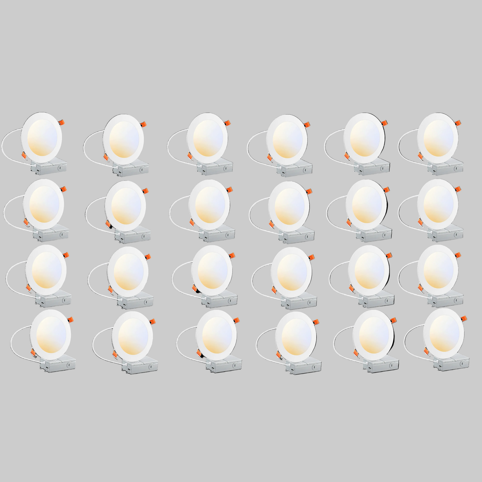 24-pack of 6-inch round LED canless recessed ultra slim downlights with selectable 2700K / 3000K / 3500K / 4000K / 5000K color temperatures, Triac dimming, ETL and Energy Star certification, low-profile IC-rated design for residential and commercial ceiling lighting applications.