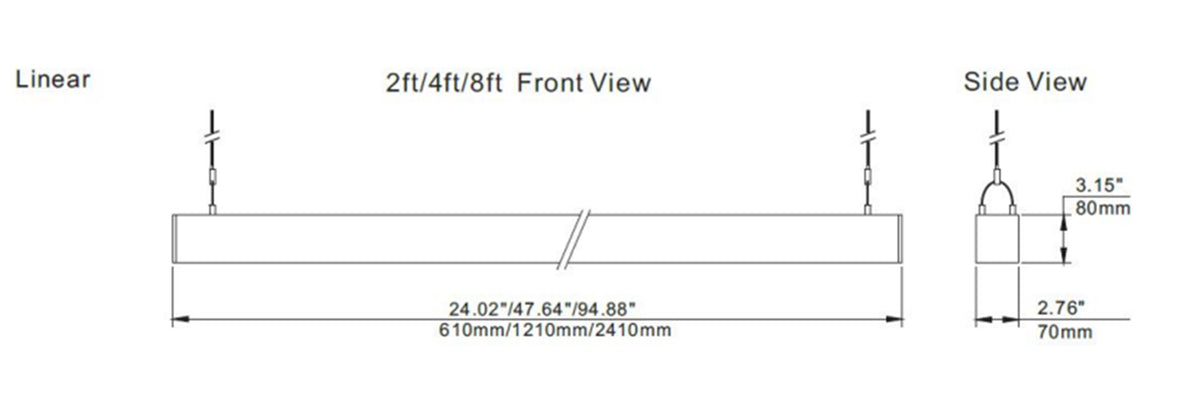 2 ft LED linear pendant light dimensions and measurements
