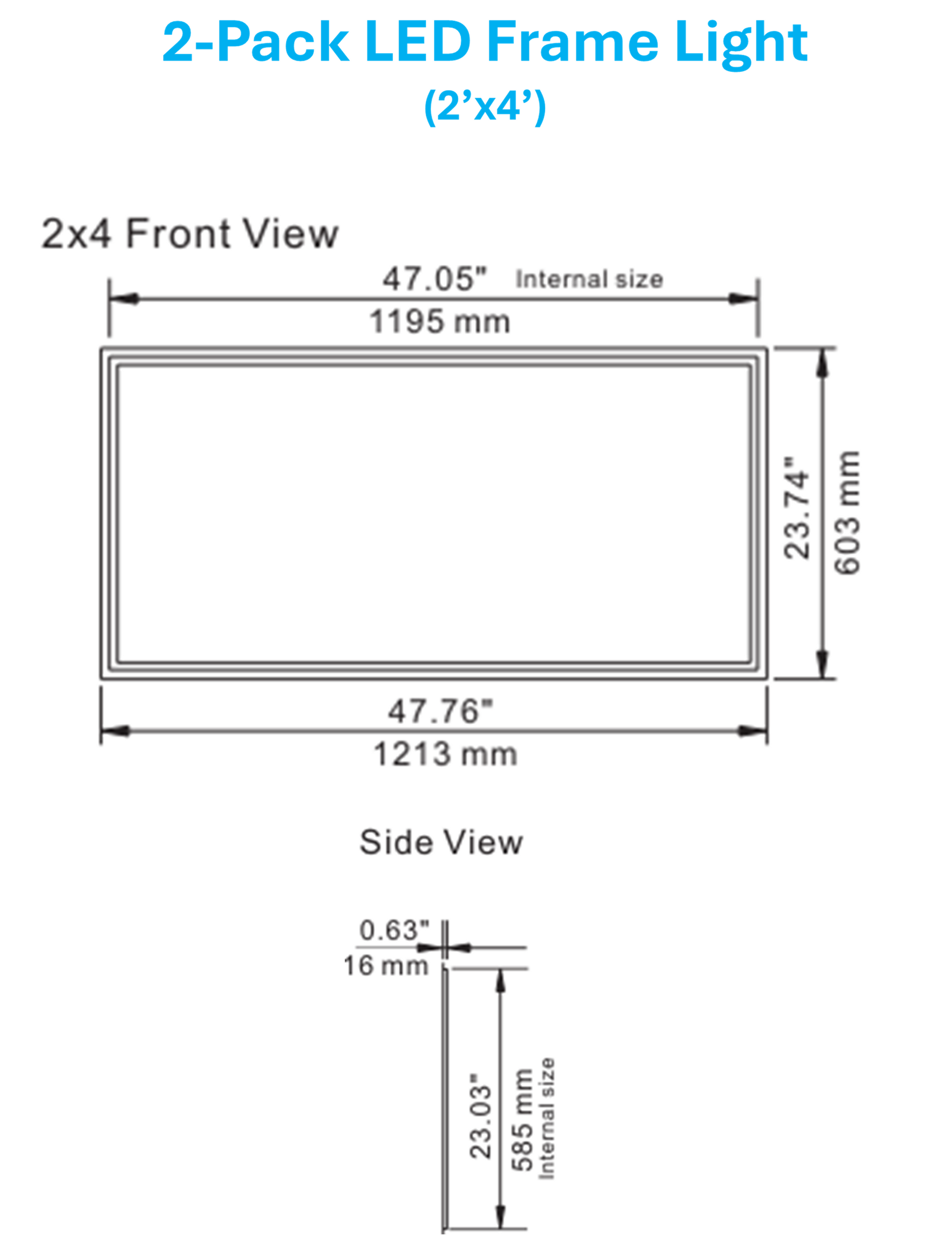 2x4 LED frame light dimensions and size specifications diagram for commercial ceiling panel light installation