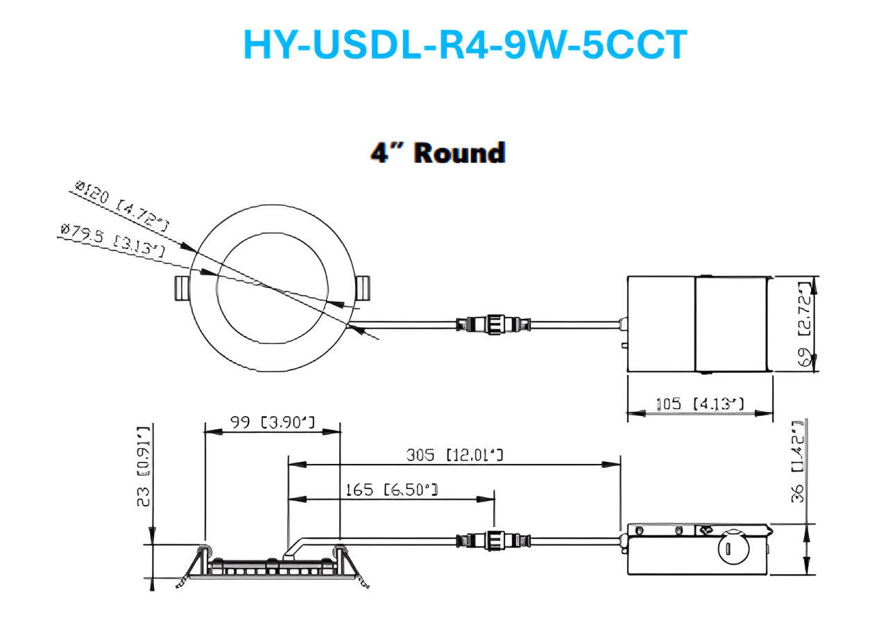 Technical dimension diagram of 4-inch LED canless recessed ultra slim downlight showing cutout size, fixture diameter, and low-profile height measurements.