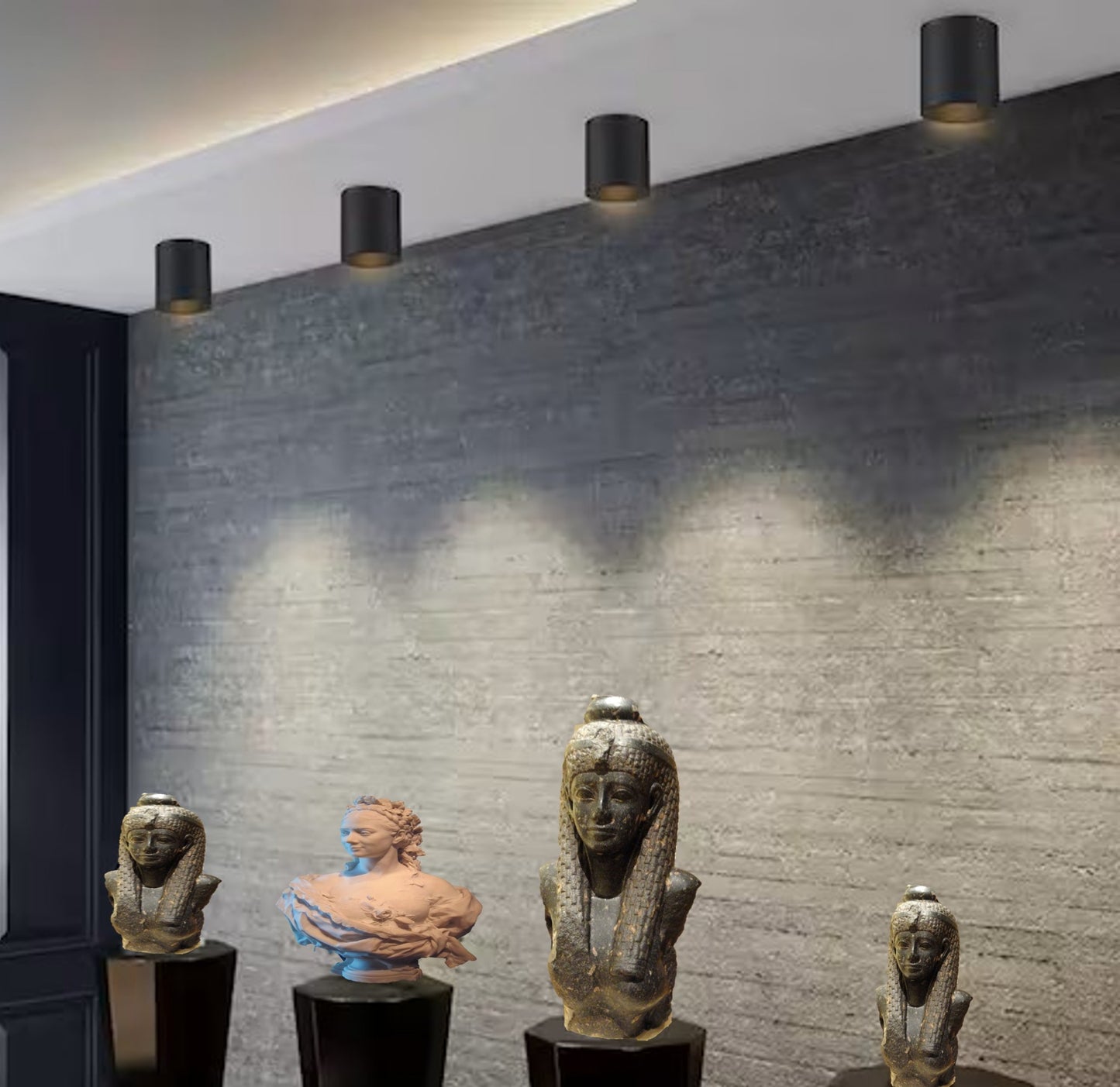 4-pack modern LED pendant cylinder lights installed in a showroom, featuring black matte finish, surface mount (adjustable hanging height), and dimmable 3CCT lighting