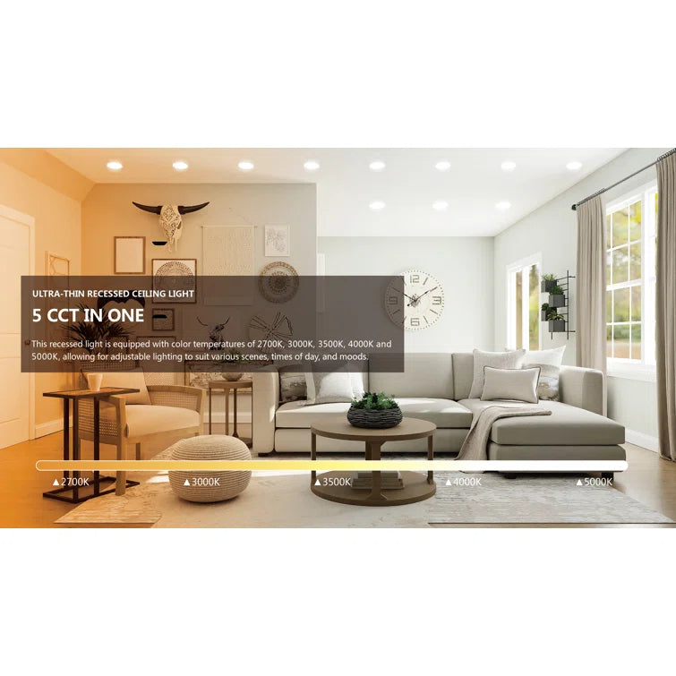 Demonstration of 5CCT selectable LED recessed downlight showing lighting changes in one room with 2700K, 3000K, 3500K, 4000K, and 5000K color temperature options.