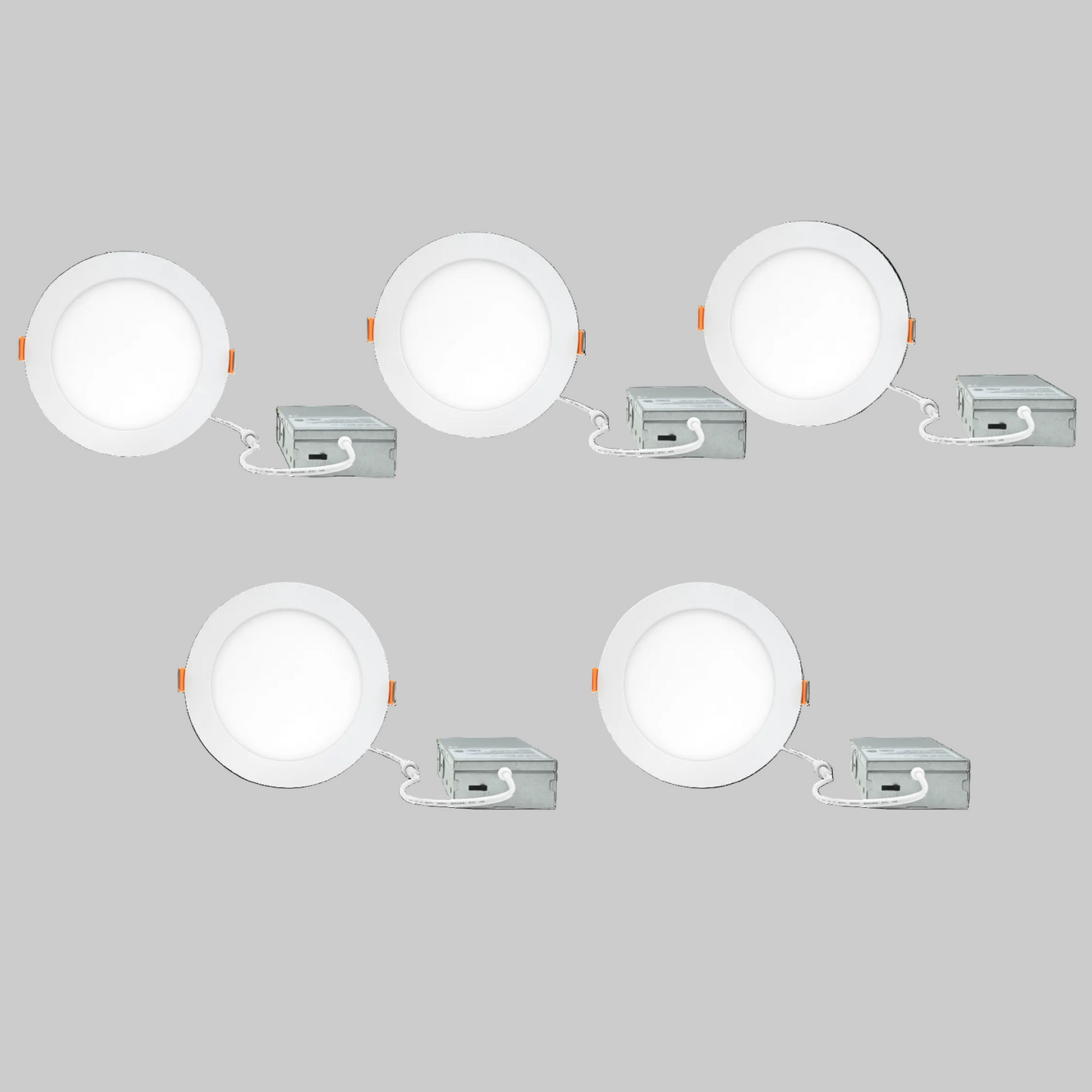 5-pack of 4-inch round LED canless recessed ultra slim downlights with selectable 2700K / 3000K / 3500K / 4000K / 5000K color temperatures, Triac dimming, ETL and Energy Star certification, low-profile IC-rated design for residential and commercial ceiling lighting applications.