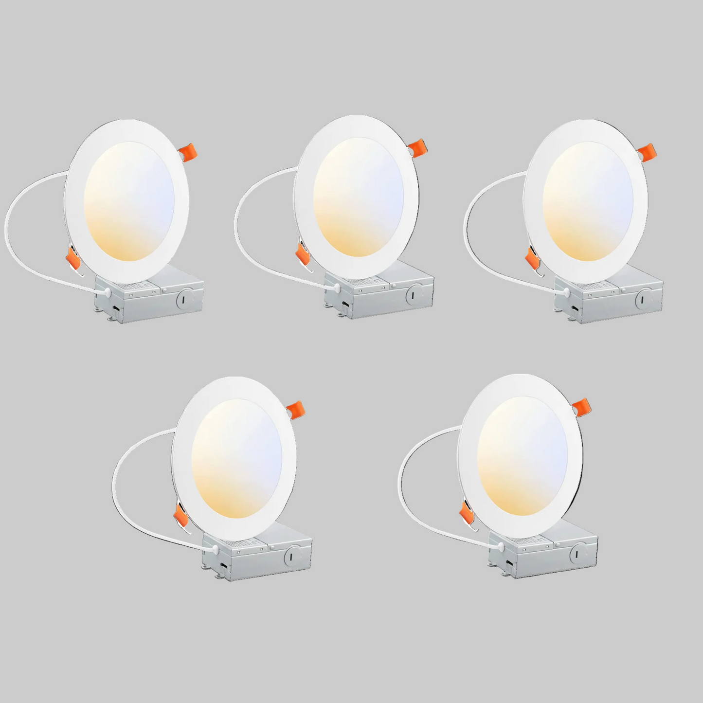 5-pack of 6-inch round LED canless recessed ultra slim downlights with selectable 2700K / 3000K / 3500K / 4000K / 5000K color temperatures, Triac dimming, ETL and Energy Star certification, low-profile IC-rated design for residential and commercial ceiling lighting applications.