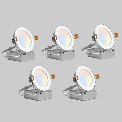 5-pack of 3-inch round LED canless recessed ultra slim downlights with selectable 2700K / 3000K / 3500K / 4000K / 5000K color temperatures, Triac dimming, ETL and Energy Star certification, low-profile IC-rated design for residential and commercial ceiling lighting applications.