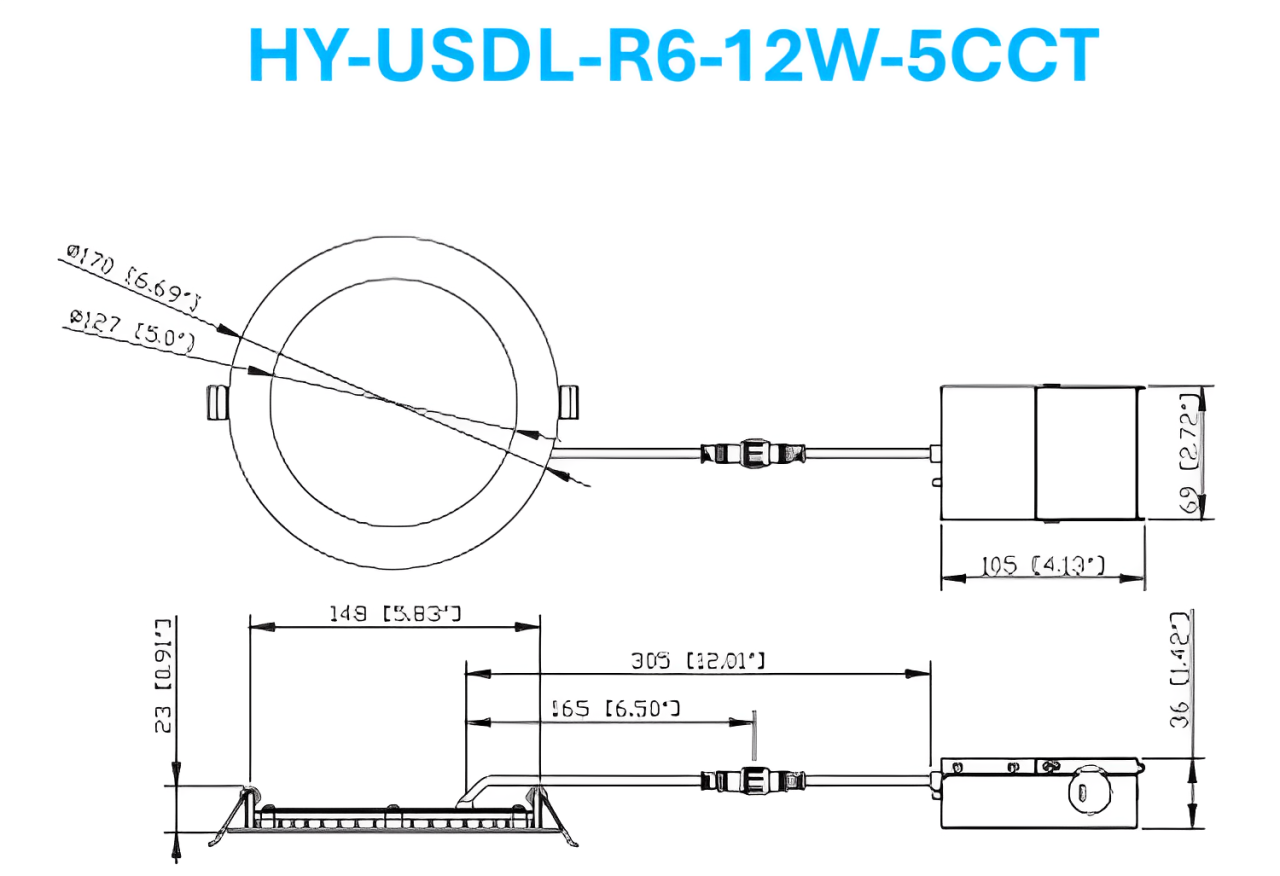 Technical dimension diagram of 6-inch LED canless recessed ultra slim downlight showing cutout size, fixture diameter, and low-profile height measurements.