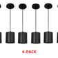 6 black Cylinder pendant lights on a white background 