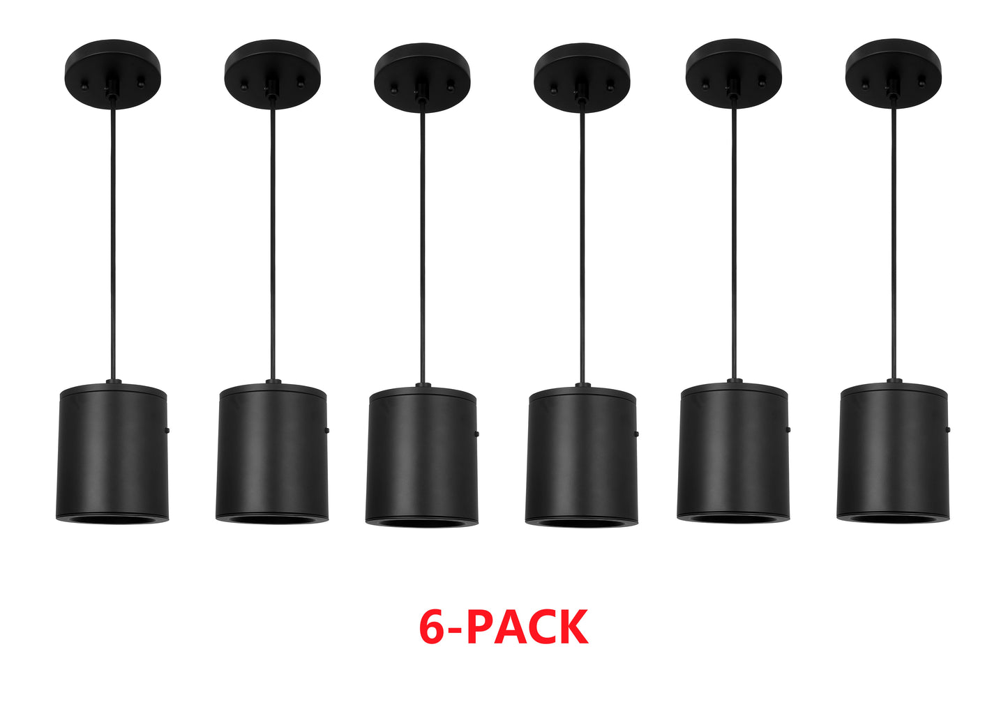 6 black Cylinder pendant lights on a white background 