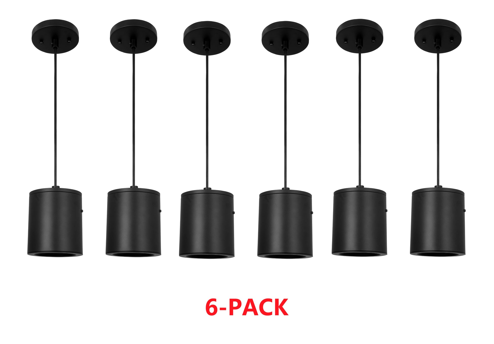 6 black Cylinder pendant lights on a white background 