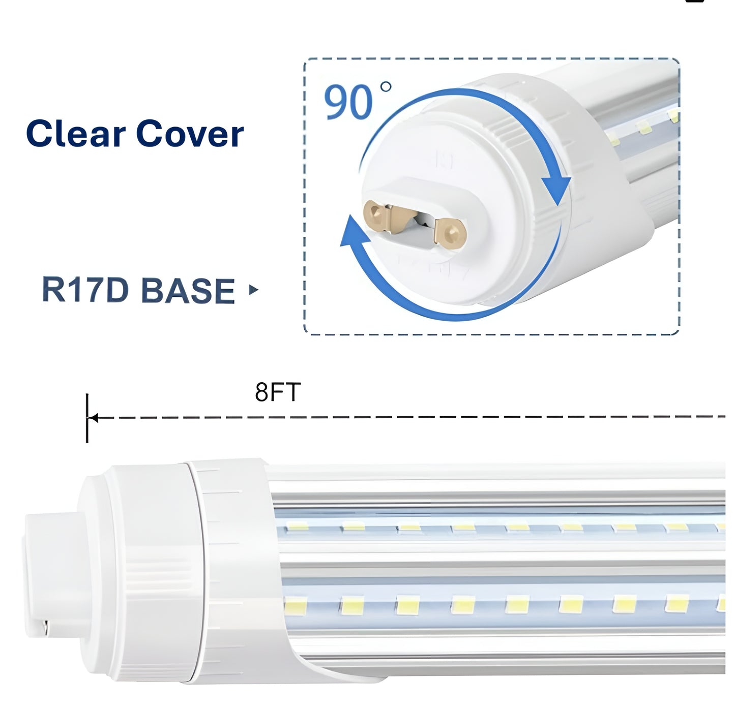 8-foot R17D (LAMP BASE) bypass tube with clear cover, the R17D lamp base is 90 degree turnable.