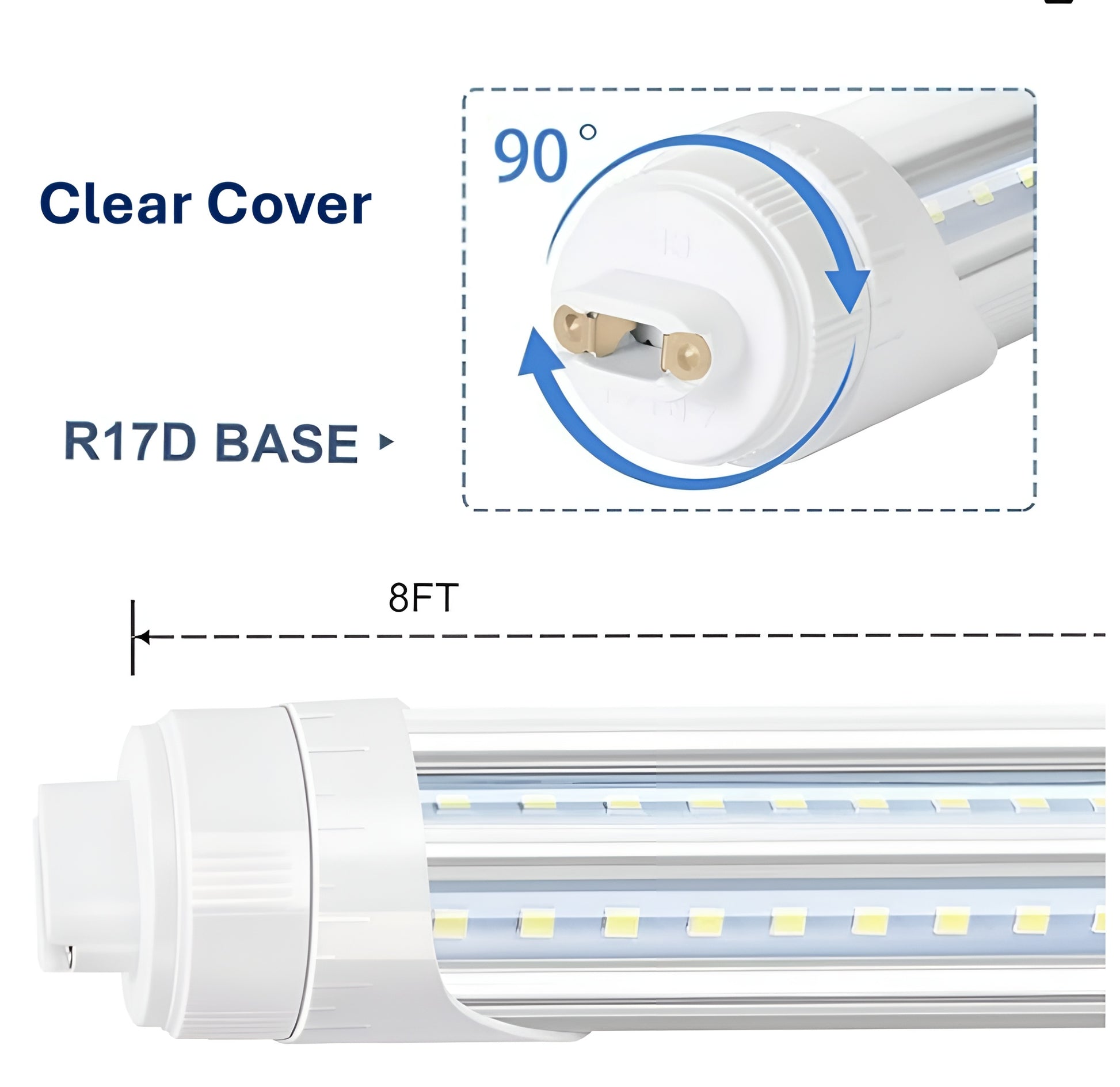 8-foot R17D (LAMP BASE) bypass tube with clear cover, the R17D lamp base is 90 degree turnable.