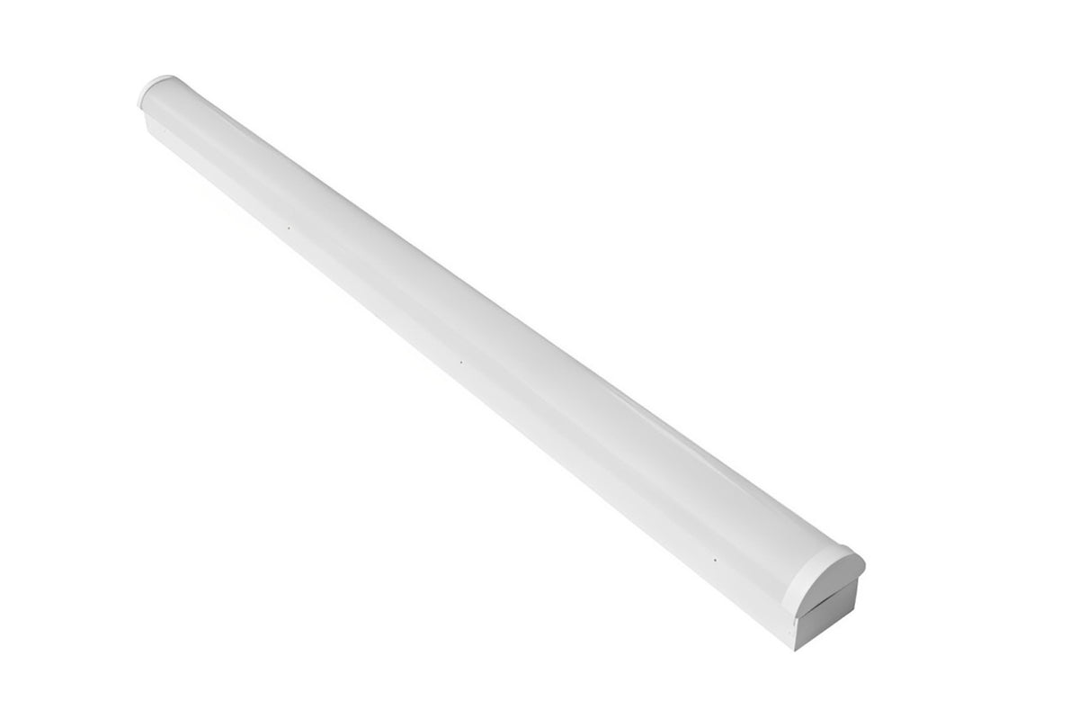 8-foot LED linear strip light fixture with low-profile housing and PMMA lens
