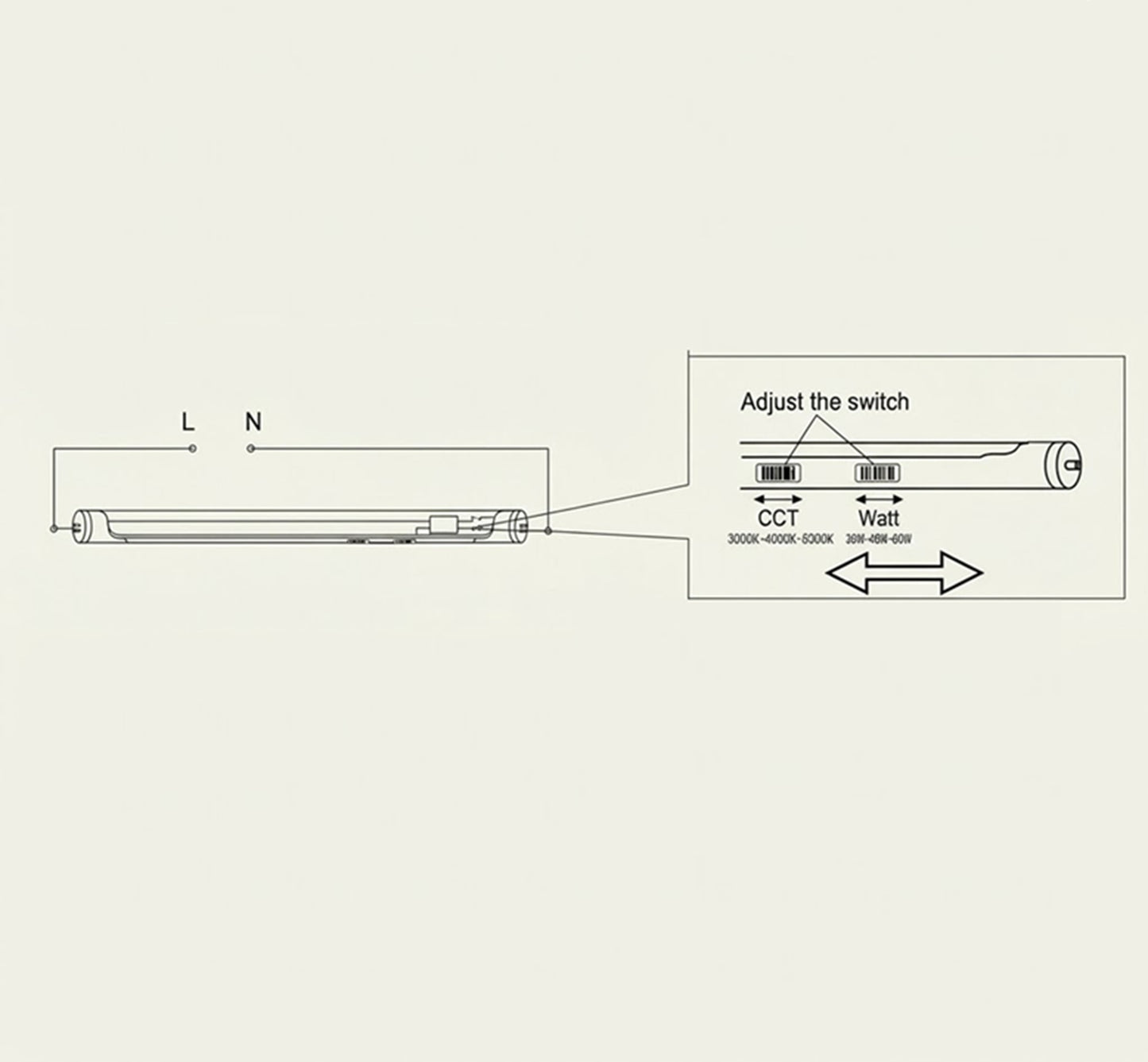 8FT LED T8 tube with CCT and wattage selection switch, 4000K-5000K-6500K and 36W-48W-60W selectable LED tube light