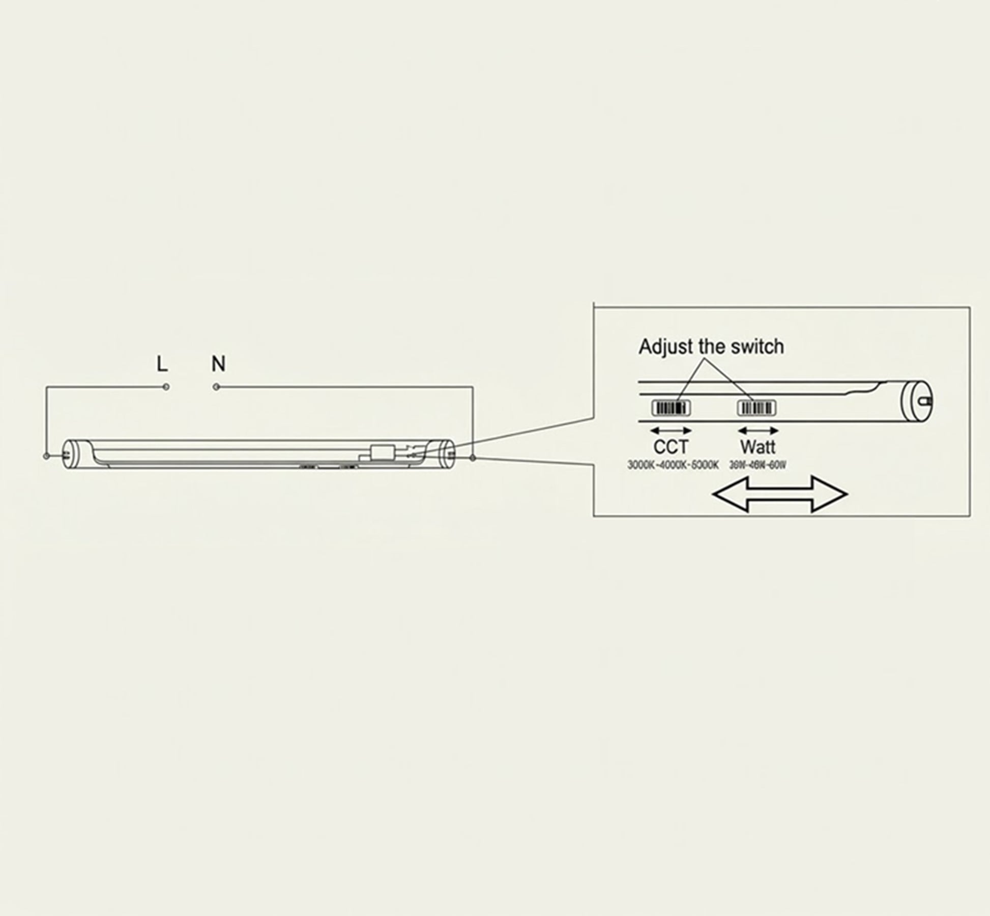 8FT LED T8 tube with CCT and wattage selection switch, 4000K-5000K-6500K and 36W-48W-60W selectable LED tube light