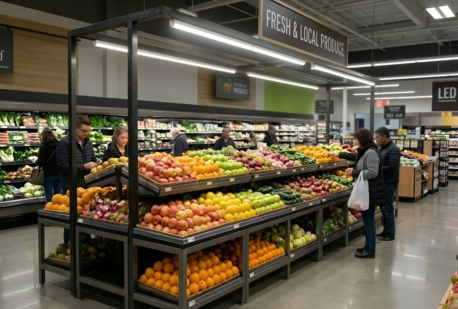 8FT LED T8 tube lighting used in a grocery store, providing bright store lighting, helping customers see the grocery food clearly with good CRI effct.