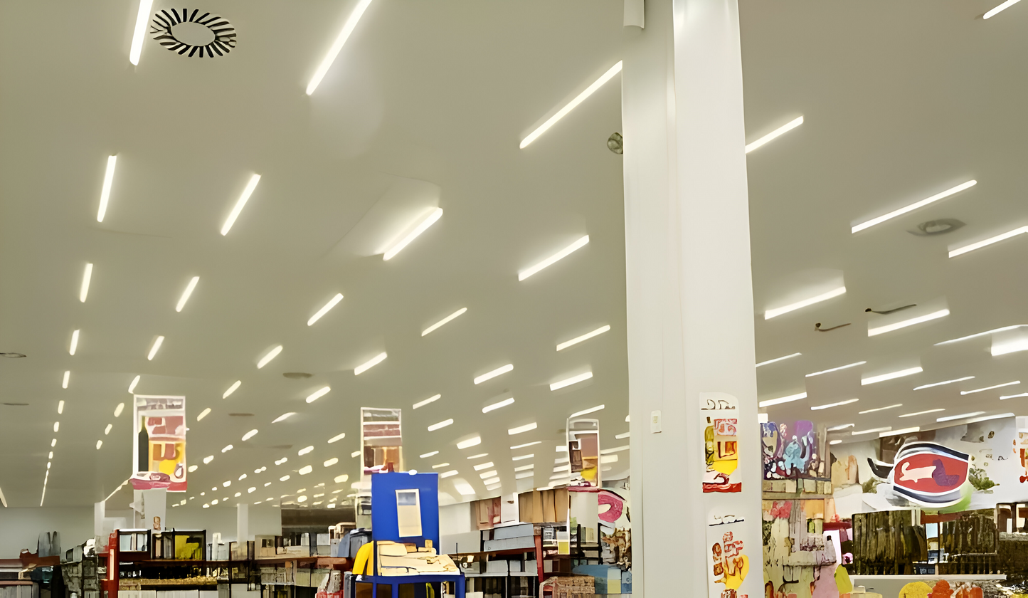 8FT LED T8 tube lighting used in a supermarket aisle providing bright commercial lighting