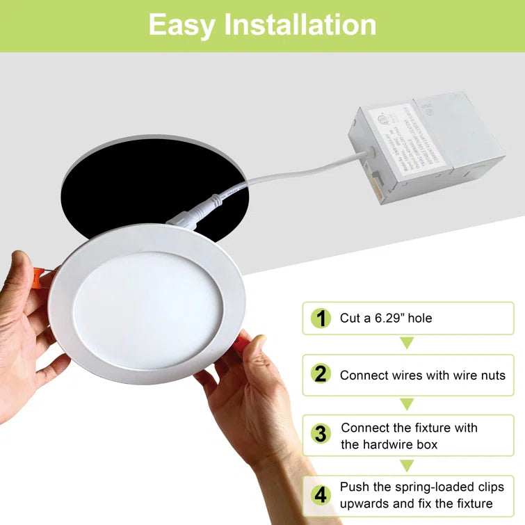Step-by-step installation guide for ultra slim LED canless recessed downlights showing ceiling cutout, junction box wiring, connector attachment, and spring clip mounting process.