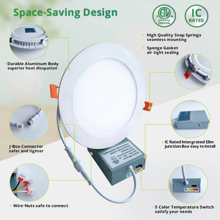 Detailed product overview of LED canless recessed downlight showing heat dissipation system, J-box connector, gasket, junction box, spring clips, and 5CCT switch components.