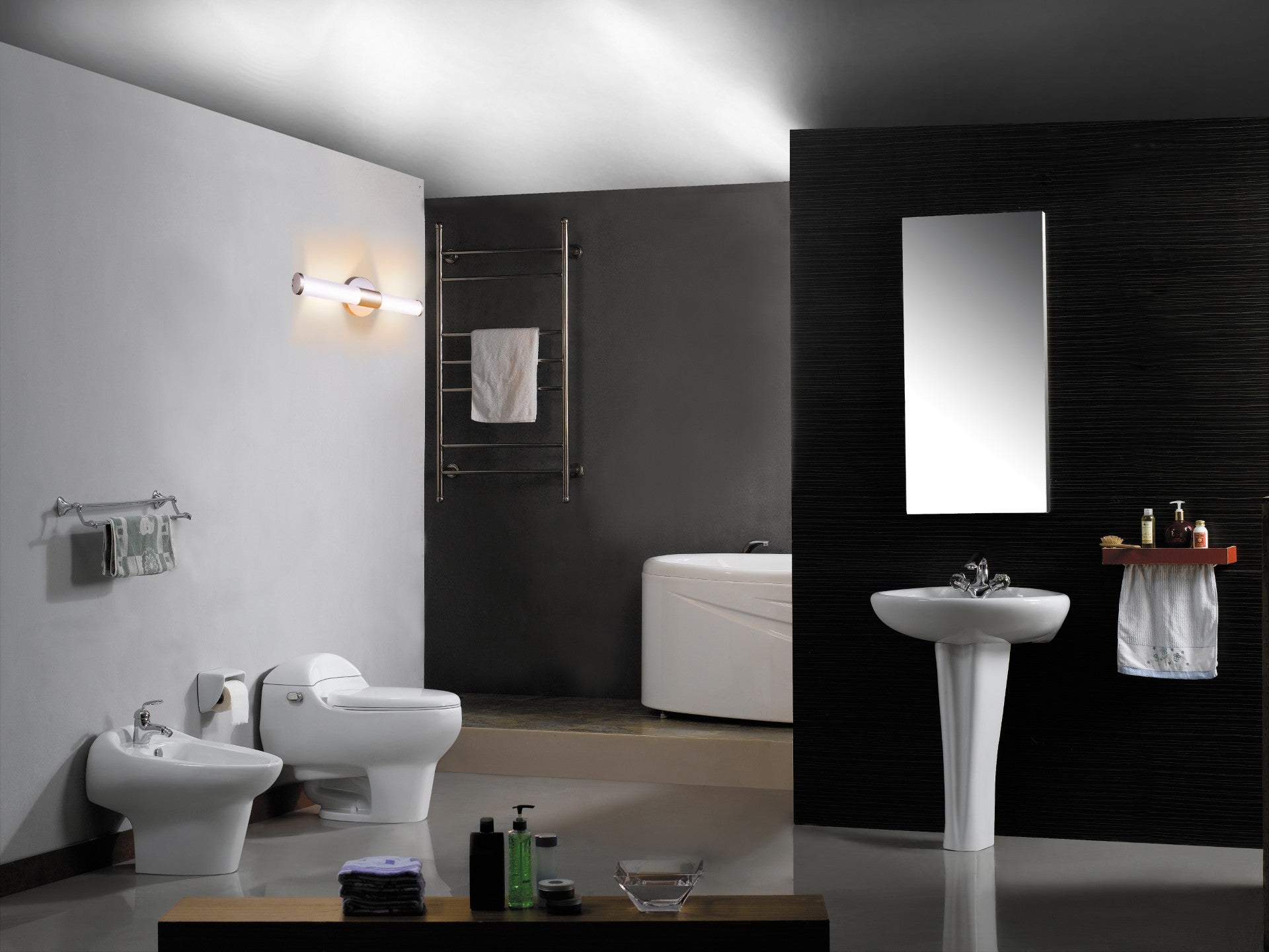 Modern LED Vanity Linear light installed in bathroom providing bright uniform lighting with IP44 damp rating