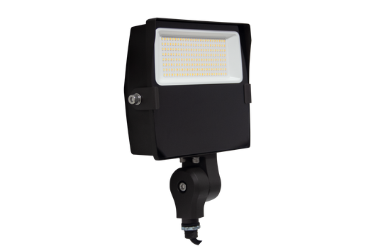 LED outdoor flood light with adjustable knuckle mount for wall, landscape, and security lighting