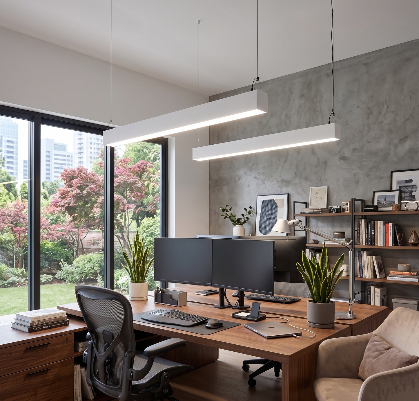 Modern LED Linear Pendant Light with Up & Down Lighting, Adjustable 3CCT, 0-10V Dimmable, Linkable Commercial Hanging Light Fixture