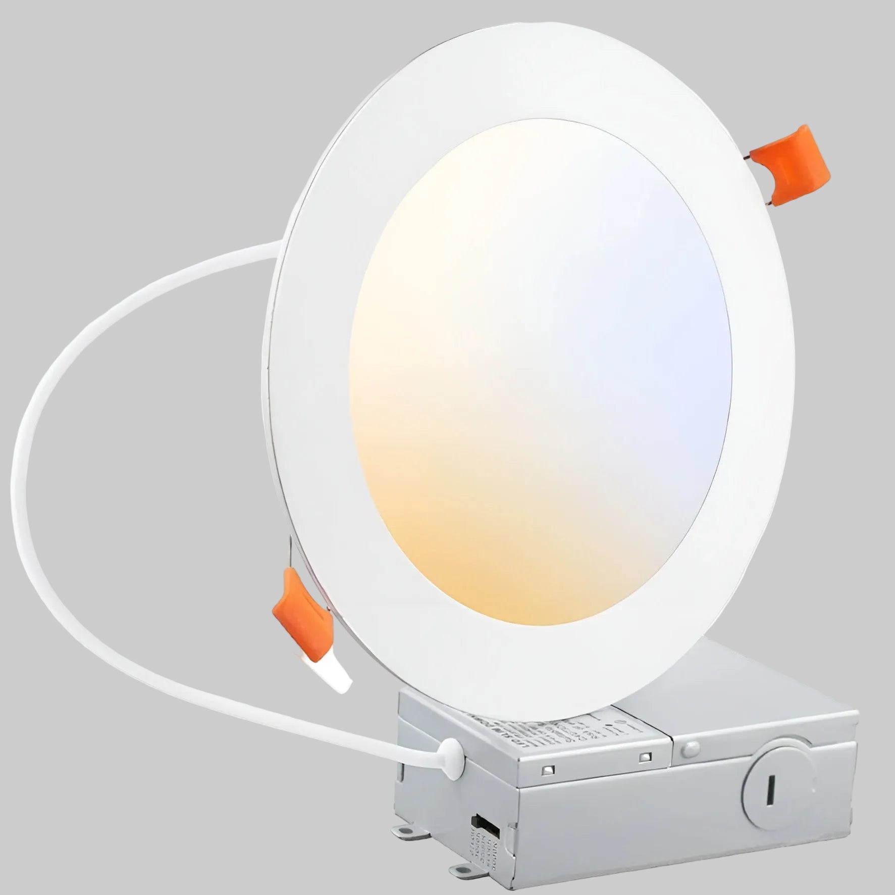 Front view of ultra slim LED canless recessed downlight from the USDL series featuring a round low-profile design with smooth white trim for modern residential and commercial ceiling lighting.