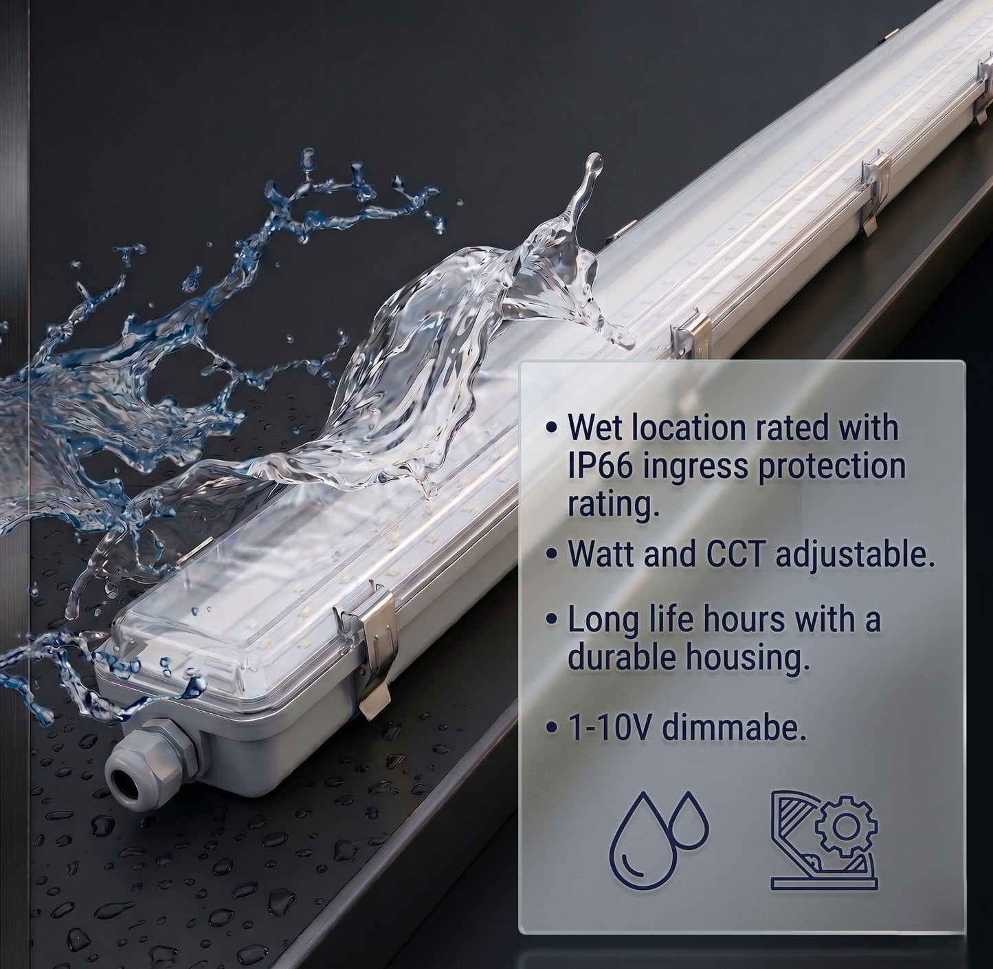 VT Series - LED Waterproof Linear Vapor Light | IP66 Rated Commercial Industrial Lighting | Adjustable Wattage & CCT | 0-10V Dimmable