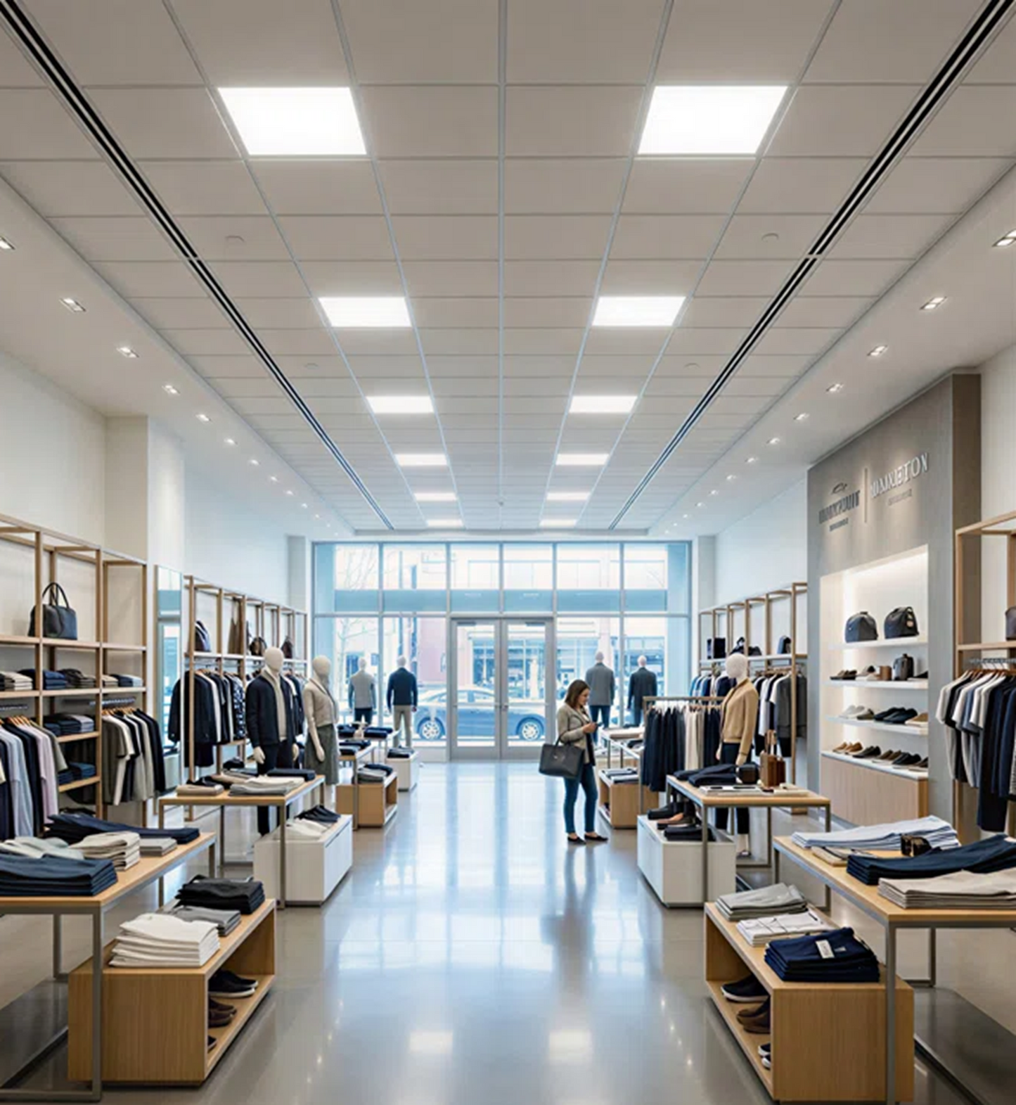Elegant retail store installation featuring LED back-lit panel lights with uniform glare-free illumination, selectable wattage and CCT, ideal for commercial and residential lighting applications