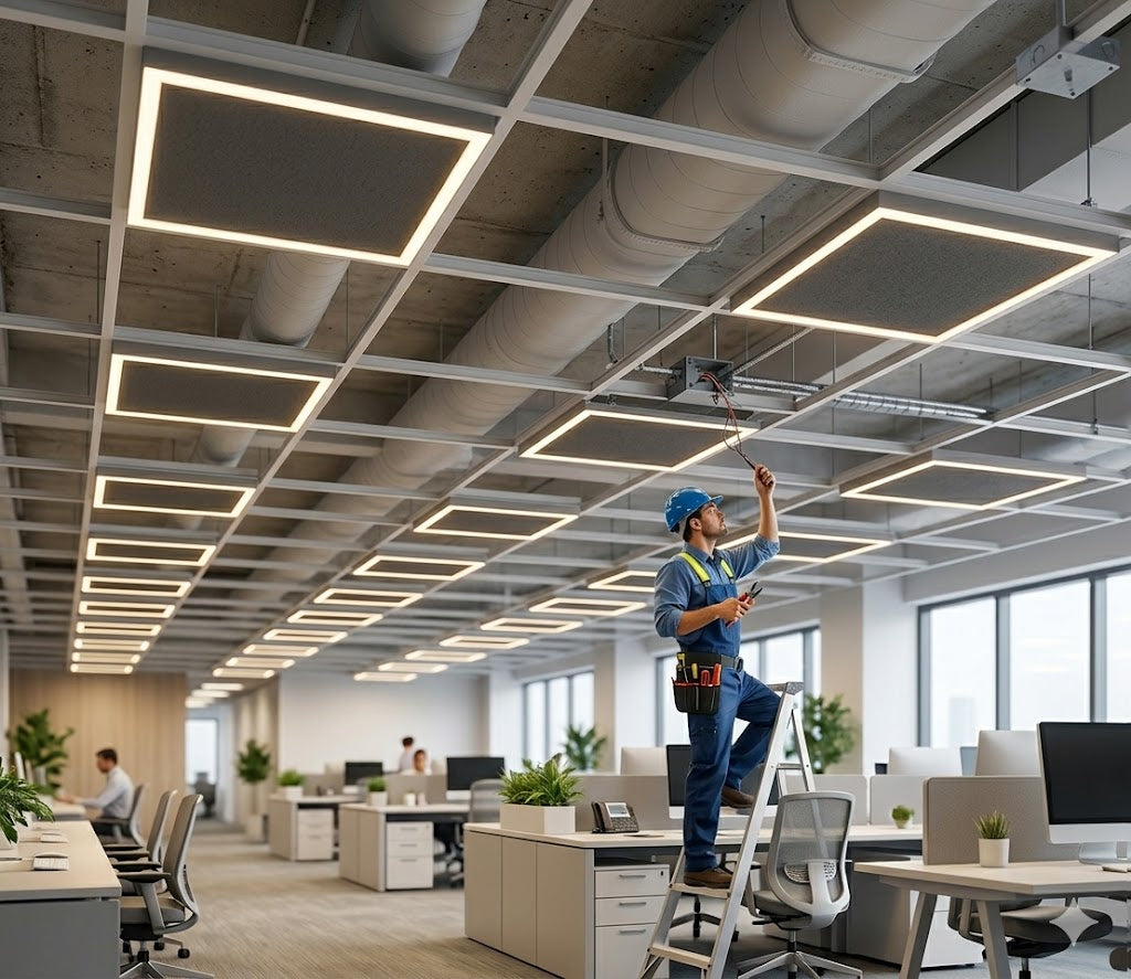 Multiple 2x2 LED frame lights installed in modern open office ceiling grid providing bright uniform commercial lighting for productive workspace environment