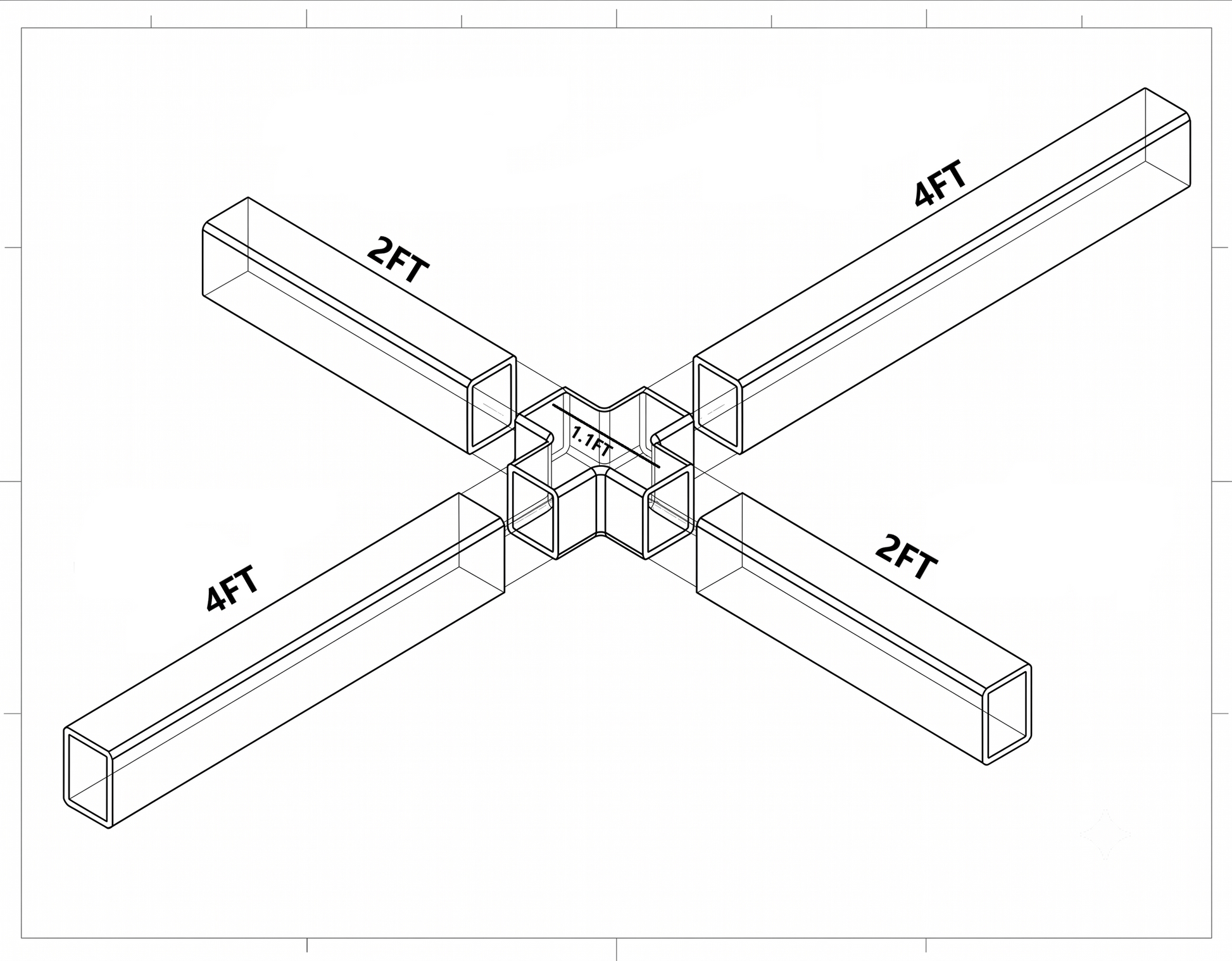 Cross-shaped LED linear pendant light CONPONENTS and dimensions diagram