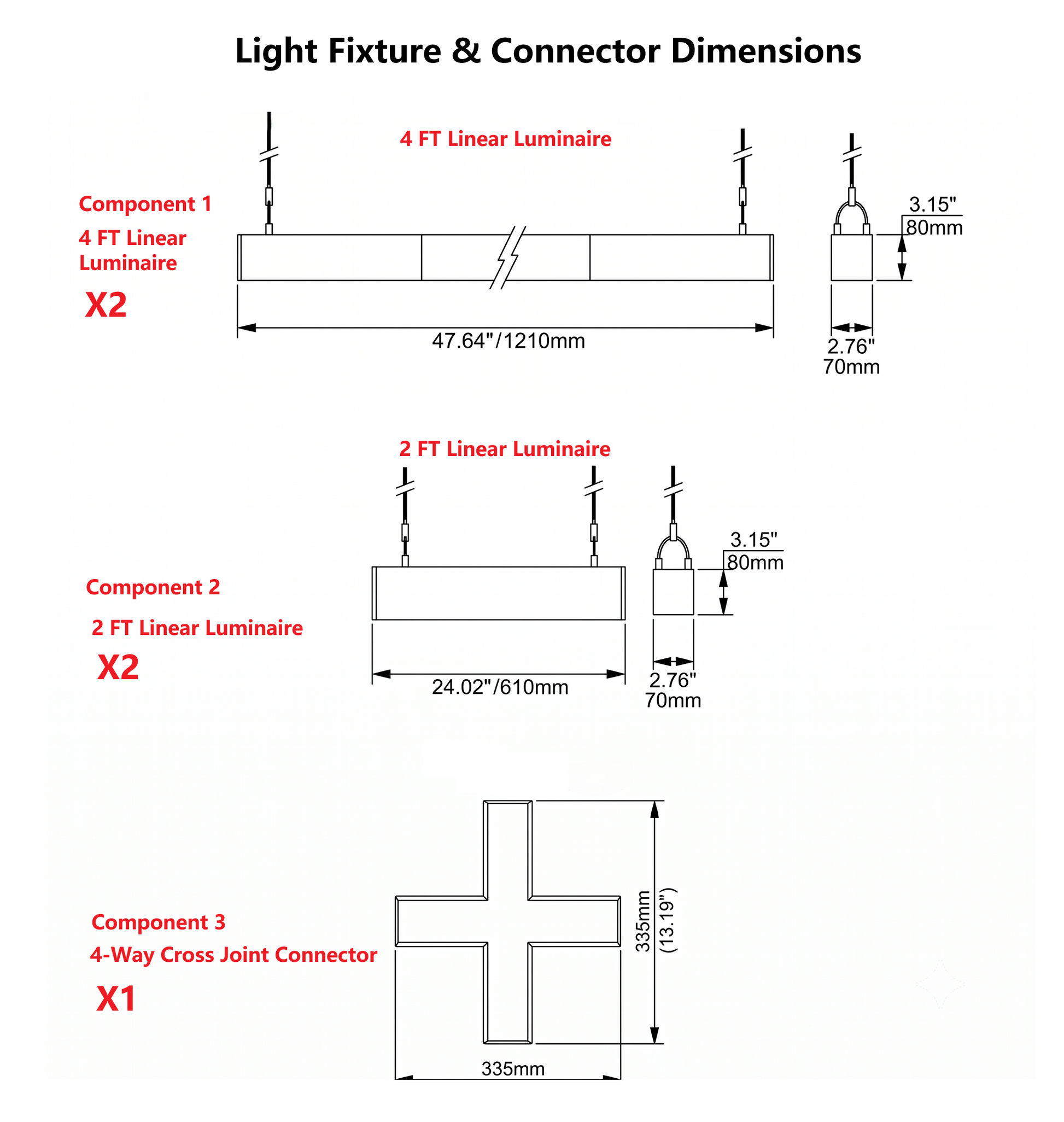 Cross-shaped LED linear pendant light components, connector, cable and dimensions