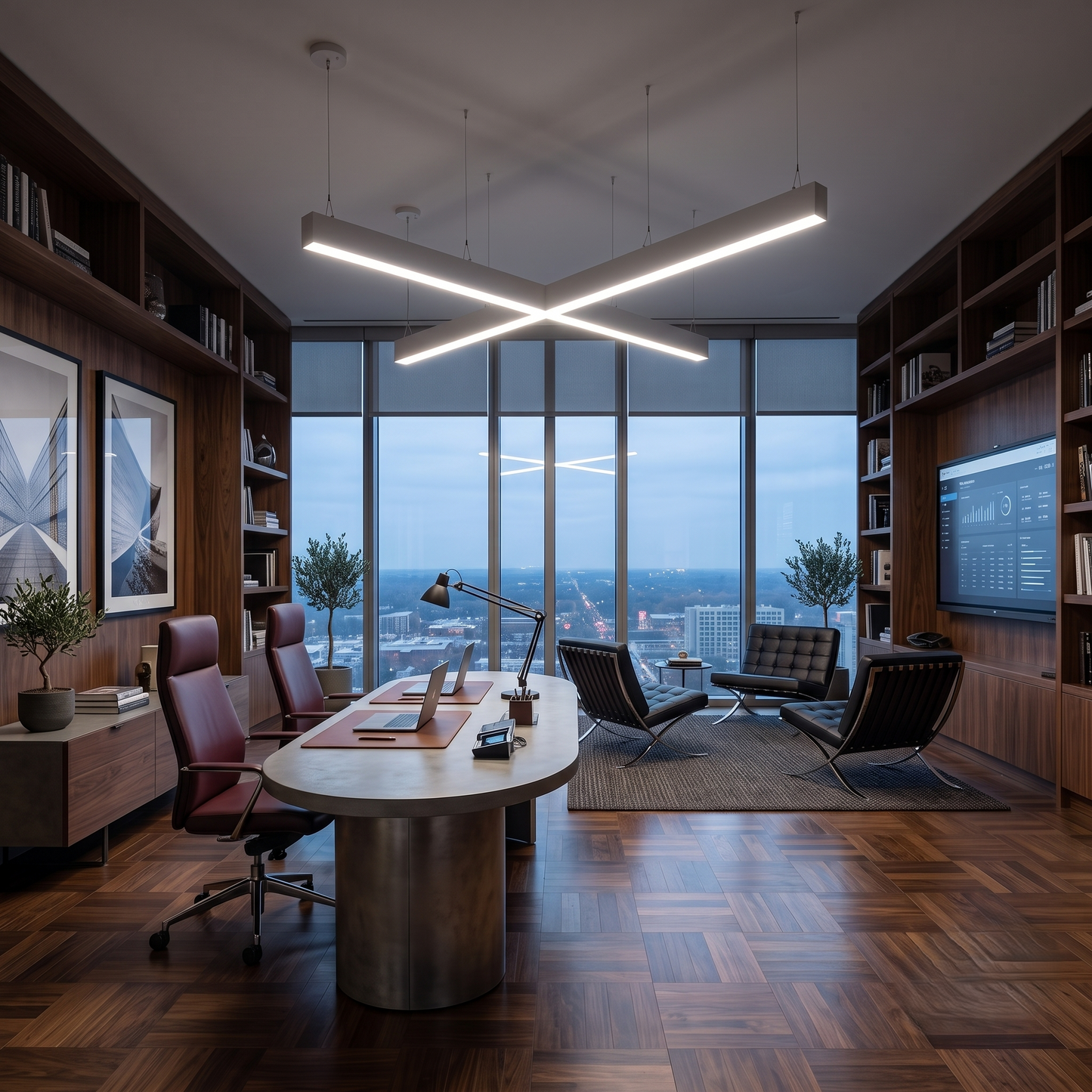 Cross-shaped LED linear pendant light providing up and down lighting in an office