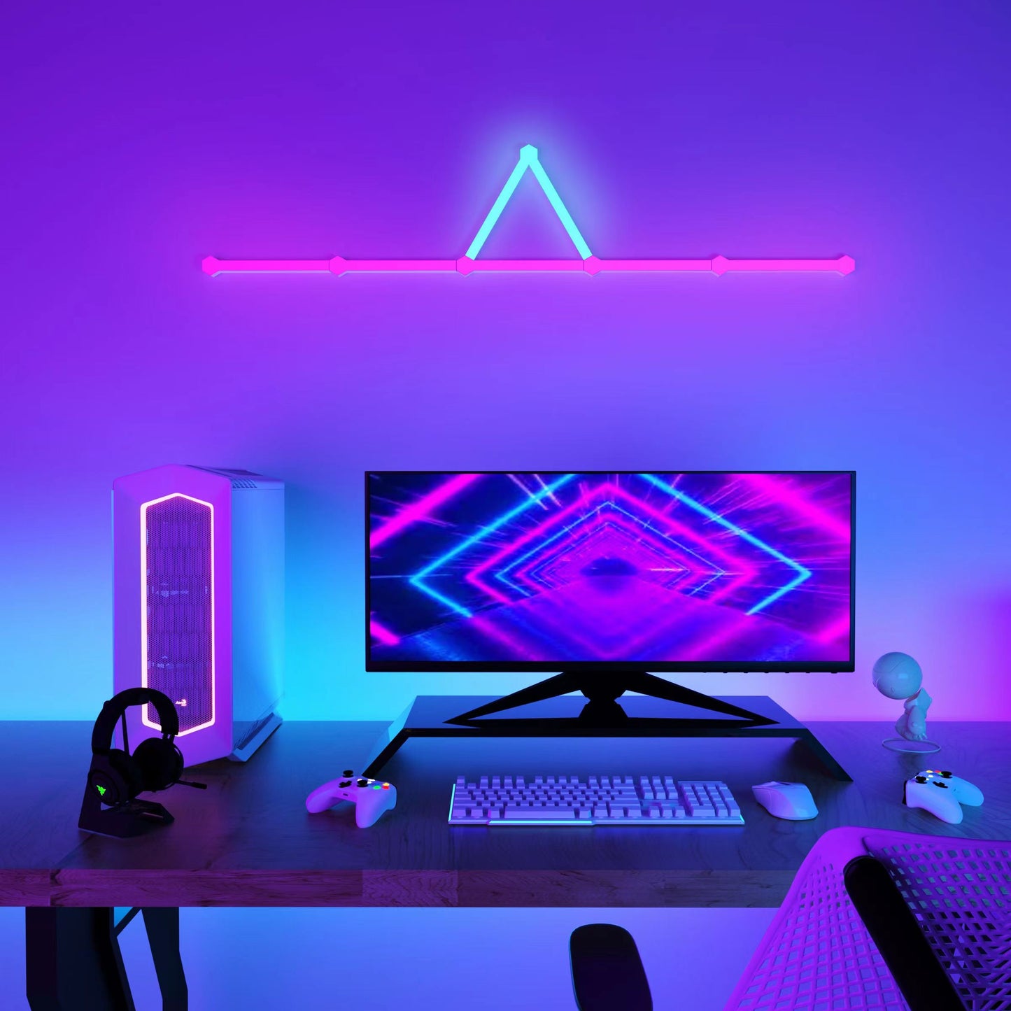 Custom layout smart LED wall panels in gaming room featuring reshaped RGB lighting design, DIY modular setup, and Alexa Google Assistant control