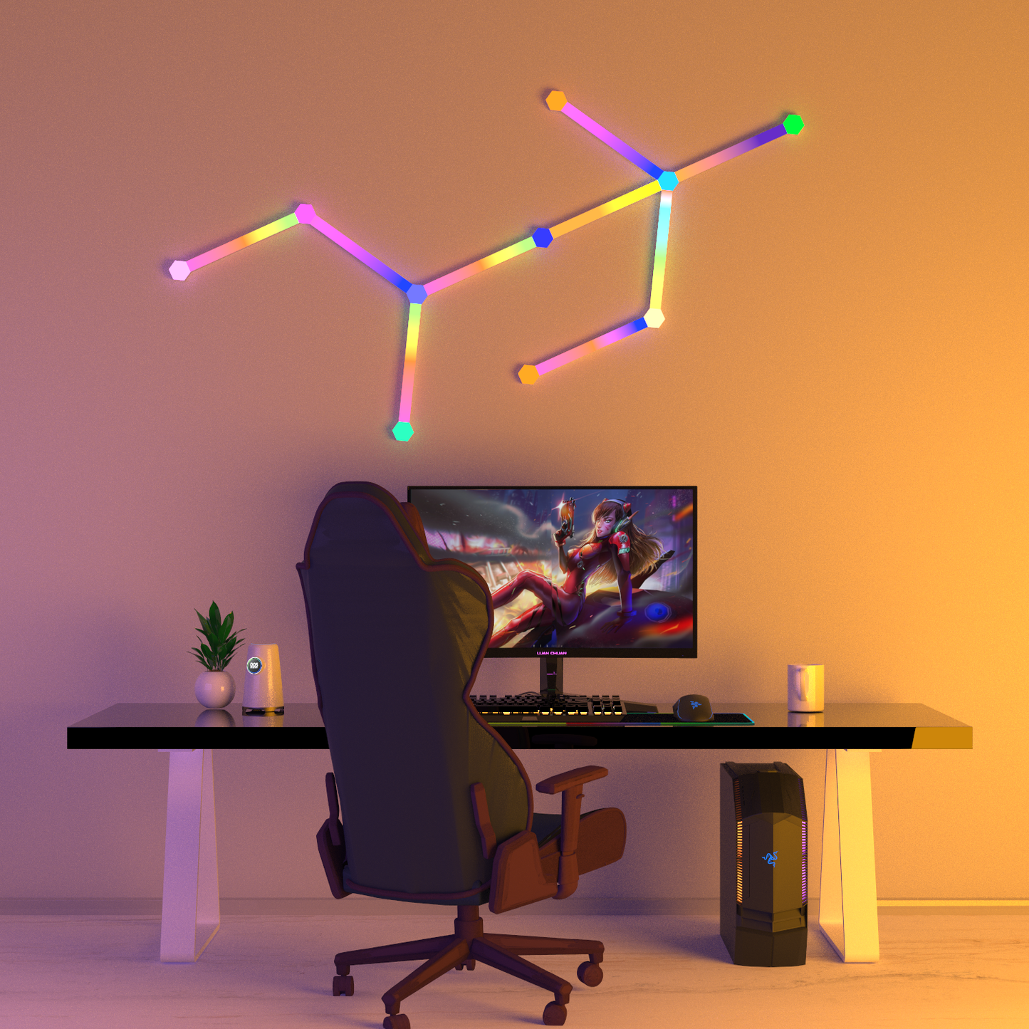 Custom reshaped smart LED wall panels in gaming room featuring RGB color-changing lights, DIY modular layout, and voice control with Alexa and Google Assistant
